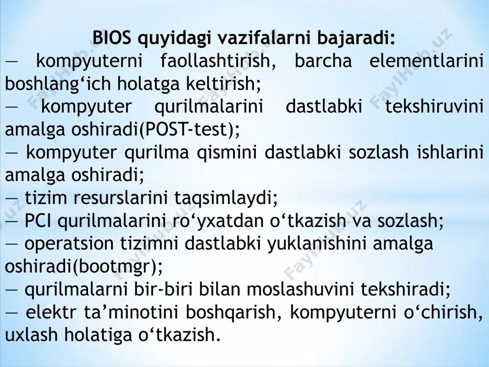 er ishlashini monitoring qilish mumkin bo‘ladi. ba’zi elementlarning haroratini, kullerlarning aylanish tezligini va hakazo. 9. load fail-safe defaults — oldingi maqolada aytib o‘tgan funksiya, ya’ni bios sozlashlarini eski holatiga qaytaruvchi menyu. bu menyu, bilib-bilmasdan bios sozlashlarini o‘zgartirib qo‘ygan va orqaga qaytarishni bilmagan foydalanuvchilar uchun qulaydir. 10. load optimized defaults — bir necha qiymatlarni bergan holda, kompyuter ishlashini optimizatsiya qilish uchun ishlatiladi. 11. set supervisor password -bios dasturiga parol o‘rnatish(superfoydalanuvchiga, administratorga), bu ishni juda ehtiyotkorlik bilan amalga oshiring. 12. set user password — bu ham yuqoridagi kabi parol qo‘yish uchun ishlatiladi, lekin administratorga emas, balki oddiy foydalanuvchiga, bu foydalanuvchi sozlashlarni ko‘rishi mumkin bo‘ladi, lekin o‘zgartiraolmaydi. 13. save & exit setup — qilingan barcha ishlar(sozlashlar)ni saqlab, bios’dan chiqish. 14. exit without saving — qilingan barcha ishlar(sozlashlar)ni saqlamasdan bios’dan chiqish. bios’ning standart cmos features menyusi haqida odatda bios dasturi bilan ishlaganda, klaviaturaning tepa-past va chap-o‘ng tugmalari ishlatilad, albatta enter tugmasidan ham foydalaniladi(tanlash uchun), …