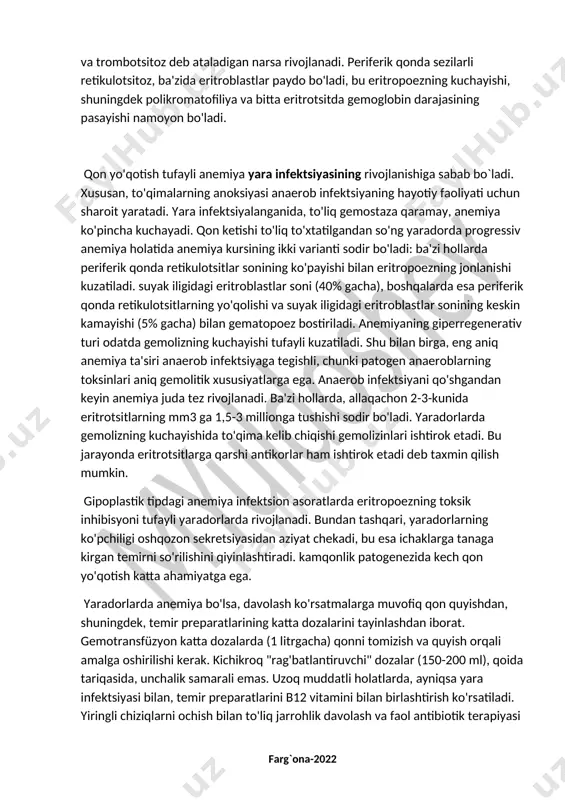 ogenezida kech qon yo'qotish katta ahamiyatga ega. yaradorlarda anemiya bo'lsa, davolash ko'rsatmalarga muvofiq qon quyishdan, shuningdek, temir preparatlarining katta dozalarini tayinlashdan iborat. gemotransfüzyon katta dozalarda (1 litrgacha) qonni tomizish va quyish orqali amalga oshirilishi kerak. kichikroq "rag'batlantiruvchi" dozalar (150-200 ml), qoida tariqasida, unchalik samarali emas. uzoq muddatli holatlarda, ayniqsa yara infektsiyasi bilan, temir preparatlarini b12 vitamini bilan birlashtirish ko'rsatiladi. yiringli chiziqlarni ochish bilan to'liq jarrohlik davolash va faol antibiotik terapiyasi muhim ahamiyatga ega. bundan tashqari, ko'p protein va vitaminlar bilan yaxshi ovqatlanish kerak. turli xil lokalizatsiya jarohatlari davomida terapevtlarning kuzatuvlari funktsional va morfologik chastotasi va xilma-xilligini ko'rsatadi ichki organlardagi o'zgarishlar. bundan tashqari, ular umumiy (shok, kollaps, nafas olish etishmovchiligi, sepsis va boshqalar), shuningdek organlarning o'zgarishi (o'pka, yurak, buyraklar va boshqa organlar). ushbu buzilishlarning patogenezi murakkab. o'zi og'riq komponenti bilan jangovar shikastlanish markaziy asab tizimining funktsiyalarini o'zgartiradi. turli organlardagi jarayonlar yara infektsiyasi yallig'lanishga olib keladi. organlar va to'qimalarning yaxlitligini buzish,qon yo'qotish …