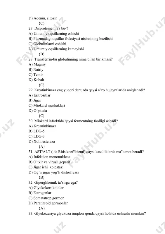 a ko’payadi? a) virusli gepatit b) posttransfuzion gemoliz c) chaqoloqlar fiziologik sariqligi d) obturasion sariqlik {a} 62. konyugirlanmagan bilirubin fraksiyasi qachon qonda ko’payadi? a) obturasion sariqlik b) jigar biliar sirrozi c) parenximatoz gepatit d) jilber sindrom {d} 63. qon ivishi boshlanishining inisiatori a) prekallikrein b) faktor x c) faktor xii d) protrombin {c} 64. antikoagulyant ta’sirga ega? a) plazminogen b) antitrombin iii c) streptokinaza d) adf {b} 65. trombin hosil bo’lishiga qarshilik qiladi? a) villibrant faktori b) kalsiy ionlari c) kininogen d) antitrombin iii {d} 66. mitoxondriyalar hujayrani nima bilan ta’minlaydi? a) anaerob glikoliz b) atf c) detoksikasiya d) sekret ishlab chiqaradi {b} 67. antioksidantlarga kirmaydi? a) ayollar jinsiy gormonlari b) vitamin e c) yog’ kislotalar d) xolesterin {c} 68. goldji apparati qaysi bir funksiyani bajarmaydi? a) granulogenez b) oksidlovchi fosforillash c) profermentlardan fermentlar sintezlash b) substratlarning suvli eritmasi {b} 69. oqsil sintezi qayerda amalga oshadi? a) lizosoma va goldji …