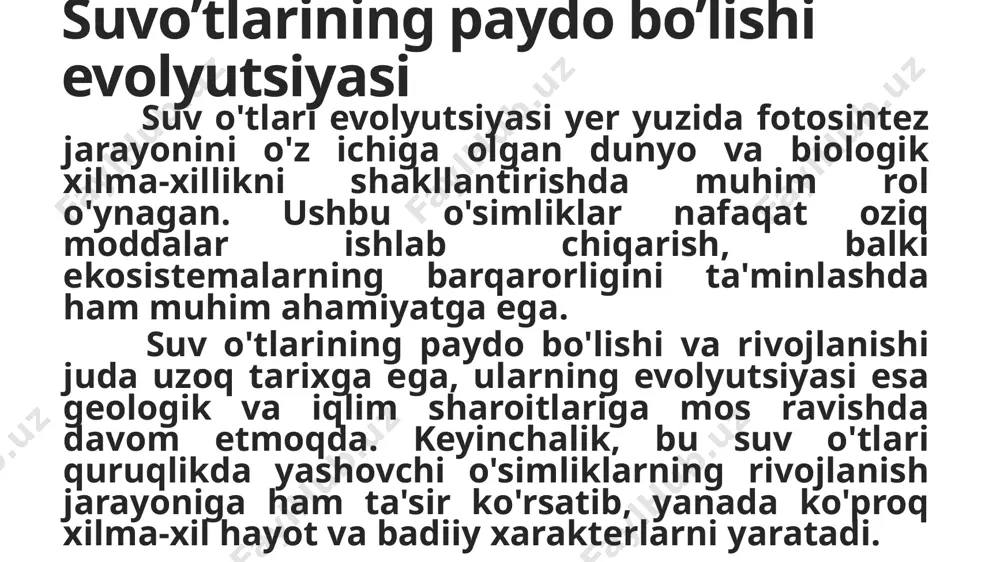 shtirilgan ion kanallarini (kanalrodopsinlar) oʻz ichiga oladi. chlamydomonasning baʼzi tartibga solish tizimlari gymnospermlarda ularning homologlariga qaraganda murakkabroq, evolyutsiya bilan bogʻliq tartibga soluvchi oqsillar kattaroq va qoʻshimcha domenlarni oʻz ichiga oladi. xlorella-yashil suvo’t xlorella (chlorella) – bir hujayrali xlorokokk suvoʻti. hujayrasi sharsimon, 15 mkm, qobigʻi silliq, 4—8 (baʼzan 16) tagacha avtosporalar hosil qilish orqali jinssiz koʻpayadi. 20 ga yaqin turi, jumladan, oʻzbekistonda bir necha turi tarqalgan. chuchuk va dengiz suvlarida, nam tuproqda uchraydi; lishayniklar va suvda yashovchi organizmlar tanasida simbioz yashaydi. oqar suvlarni biologik tozalashda, yopiq ekosistemalar (masalan, kosmik kemalar, suv osti kemalari)da havoni qayta tozalashda va fotosintez jarayonlarini oʻrganishda keng miqyosda foydalaniladi. xlorella juda tez koʻpayadi. bir kecha-kunduz yashagan har bir yosh hujayra ham boʻlina boshlaydi. kuz kelishi bilan xlorella qalin, zich qobiqqa oʻralib, sporaga aylanadi va shu holda qishlaydi. bahor kelib, qulay sharoit tugʻilgach, spora shaklida qishlagan hujayraning oddiy boʻlinishi natijasida bir necha xlorella hosil boʻladi. ular hujayra qobigʻini …