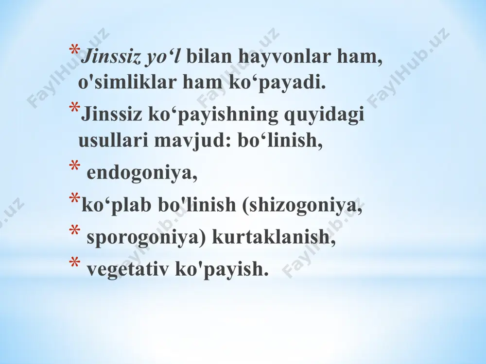 b, yosh hujayralarni hosil qiladi. parazit qizil qon tanachalariga kirib, tez bo‘linib ko‘payadi.parazit qon hujayralarini yemirib, qon plazmasiga chiqqanida odamning harorati keskin ko‘tarilib, bezgak xuruj qiladi. ko’p hujayralilarning kurtaklanib ko’payishi kurtaklanib ko‘payish g‘ovak tanlilarda, kovakichlilarda va ayrim halqali chuvalchanglarda kuzatiladi. oziq yetarli bo‘lgan iliq bahor va yoz mavsumida gidra tanasi sirtida bir nechta kurtaklar paydo bo‘ladi.paypaslagichlar va og‘iz teshigi paydo bo‘lishi bilan kurtaklar yosh gidralarga aylanadi. ular ona organizmidan ajralib, mustaqil yashay boshlaydi. ko’p hujayralilarning fragmentatsiya usulida ko’payishi fragmentatsiya-tana bo’laklari orqali ko’payish usuli bo’lib,regeneratsiya jarayoniga asoslangan. fragmentatsiya suvo’tlari(spirogira)da,g’ovak tanlilarda,kovakichlilarda,yassi chuvalchanglarda,igna tanlilarda kuzatiladi. ko’p hujayralilarning poliembrioniya usulida ko’payishi yuksak hayvonlarda (zirhlilar) zigotadan rivojlanayotgan embrion ilk rivojlanish bosqichida bir necha fragmentlarga bo‘linib, har bir fragmentdan yangi organizm rivojlanadi. bu hodisa poliembrioniya deyiladi. odamlarda bir tuxumli egizaklarning rivojlanishi ham buning yaqqol misolidir. ko’p hujayralilarning sporalar orqali ko’payishi zamburug‘lar (qalpoqchali zamburug‘lar), suvo‘tlar, yo‘sinlar, qirqquloqlar, qirqbo‘g‘imlar sporalari orqali ko‘payish xususiyatiga ega. yengil sporalar o‘simliklarni tabiatda …