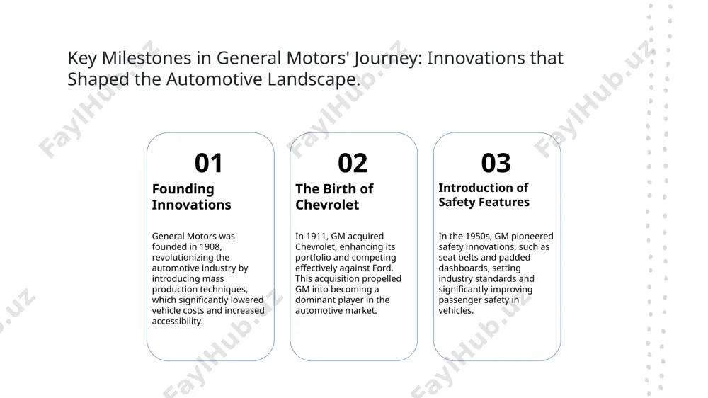 bal assembly lines. 2 additive manufacturing utilizing 3d printing technologies, general motors produces complex automotive parts quickly, enabling rapid prototyping and reducing waste in traditional manufacturing processes. 3 smart factories the implementation of iot and ai in gm's smart factories allows real-time data analysis, optimizing production schedules and improving supply chain management for better efficiency. 4 sustainable practices general motors integrates sustainable manufacturing techniques, including energy-efficient processes and recyclable materials, aligning with its commitment to eco-friendly vehicle production and innovation. the role of general motors in shaping modern transportation networks. 1 global connectivity - general motors enhances global connectivity by developing vehicles tailored for diverse markets, ensuring efficient transportation links that support economic growth and accessibility. 2 infrastructure development - gm collaborates with governments to improve transportation infrastructure, investing in smart roads and charging stations that facilitate the integration of electric vehicles and connected technologies. 3 mobility solutions - through …