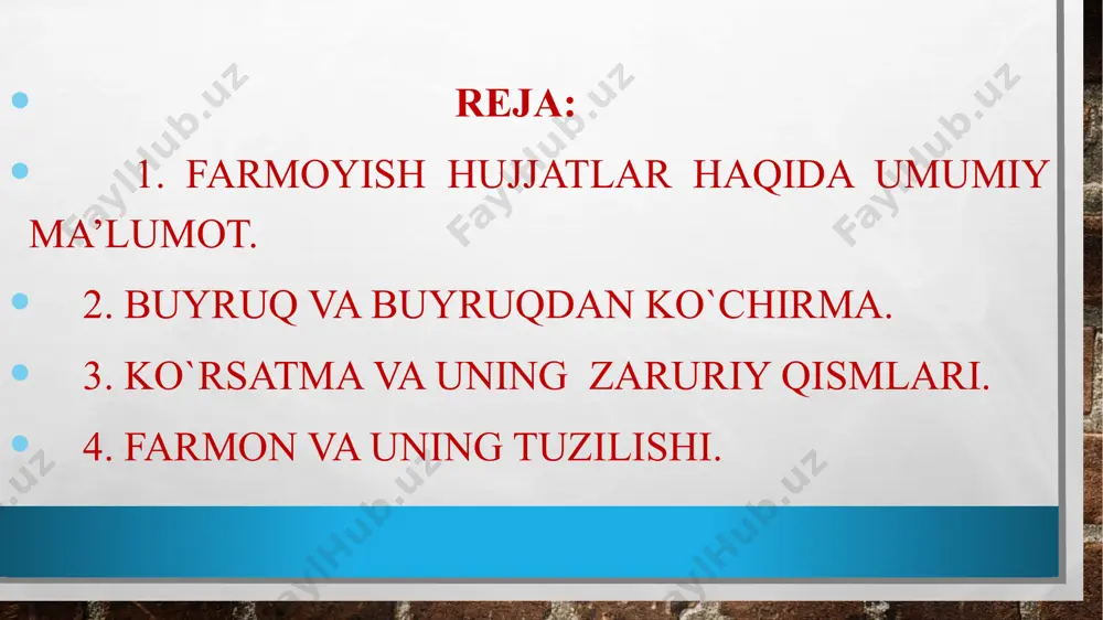 iyat-e’tibori bilan buyruqlar ikkiga bo‘linadi: asosiy faoliyatga oid va kadrlar shaxsiy tarkibiga oid. asosiy faoliyatga oid buyruqlar ishni tashkil qilish, muassasa yoki uning bo‘limlari faoliyatini tartibga solishda qo‘llanadi. buyruq loyihasi bosh mutaxassislar, huquq maslahatchisi, bosh hisobchi bilan kelishilgan holda tuziladi. buyruq matni muassasa blankasida yozilib, asoslovchi (kirish) va farmoyish qismlardan tashkil topadi. asoslovchi qismda buyruqdan maqsad, shart­-sharoit ko‘rsatiladi, asos qilingan buyruqqa (hujjatga) havola qilinadi. asoslashga ehtiyoj bo‘lmagan hollarda to‘g‘ridan-to‘g‘ri buyruqning farmoyish qismi beriladi. buyruqning farmoyish qismi yangi satrdan “buyuraman:” so‘zini bosh harflar bilan ikki nuqta qo‘yib yozishdan boshlanadi. shundan so‘ng farmoyish yoziladi. agar farmoyish bir nechta bo‘lsa, bandlarga ajratilib, arabcha raqamlar bilan belgilanadi. farmoyishlarda biror vazifani kim, qanday va qachon bajarishi majhul nisbatdagi fe’lning buyruq (iii shaxs, birlik) shakli bilan ifodalanadi (tayinlansin, belgilansin, o‘tkazilsin, qabul qilinsin kabi). farmoyish oxirida buyruqni nazorat qilish kimga yuklatilgani qayd etiladi. ba’zan farmoyishdan so‘ng buyruqqa asos bo‘lgan hujjat nomi ham ko‘rsatiladi. hujjat matnini tuzishda quyidagilarga …