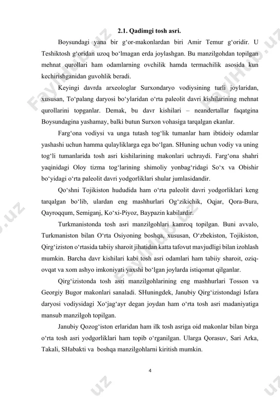 ilidagi qir-adir ustida joylashgan. shuningdek, toshkentning g‘arbidagi bo‘zsuv i makoni ham so‘nggi paleolit davriga oid ekanligi aniqlangan. samarqand shahrining markazida siyobcha soyining o‘ng sohilidan so‘nggi paleolit davriga oid samarqand makoni topib o‘rganilgan. bu manzilgoh madaniy qatlamlaridan gulxan qoldig‘i, ko‘mir parchalari, hayvon va o‘simlik qoldiqlari topilgan. bu topilmalar mazkur manzilgohda istiqomat qilgan kishilarning ovchilik va termachilik bilan shug‘ullanganliklaridan dalolat beradi. so‘nggi paleolit davriga doir makonlarga xo‘jag‘or (farg‘ona vodiysi), shug‘nov (pomir etaklari), qorakamar (tojikiston), achisay (qozog‘iston) yodgorliklari kiradi. bu davrda odamlar tog‘li hududlarda yashabgina qolmay, vohalar bo‘ylab ham tarqala boshladilar. tekisliklarda daryo va ko‘llar bo‘ylarida joylashib, qarindosh-urug‘chilik jamoalariga bo‘linadilar. natijada jamiyatda juft oilalar paydo bo‘lib, ular ayrim urug‘larni birlashtirib, urug‘ jamoasini tashkil etadilar. miloddan avvalgi 12-7 ming yilliklar mezolit (o‘rta tosh) asri deb atalib, bu davrga oid yodgorliklarga machay (surxondaryo), obishir (farg‘ona vodiysi), markaziy farg‘ona, bo‘zsuv, qo‘shilish (toshkent), aydabol, jayronquduq (ustyurt), oshxona, chilchorchashma, darai sho‘r (tojikiston) kabilar kiradi. machay g‘or-makoni hisor tizmasining …