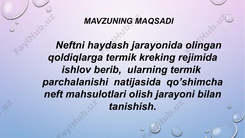 avtomobil benzini komponenti sifatida ishlatish uchun uni qo`shimcha stabillash lozim. termogazoyl termogazoyl texnik uglerod ishlab chiqarishda xomashyodir. 1 2 3 kerosin-gazoyl fraksiyasi kerosin – gazoyl fraksiyasi (200 - 3500c) flot mazutining qimmatli komponentidir. u gidrotozalangandan so`ng dizel yoqilg`isi komponenti sifatida ham qo`llanilishi mumkin. 4 kreking – qoldiq kreking qoldiq (3500c dan yuqori fraksiya) qozon yoqilg`isi sifatida ishlatiladi. u to`g`ridan-to`g`ri haydab olingan mazutga nisbatan yuqoriroq yonish issiqligiga va quyiroq qotish haroratiga va qovushqoqlikka egaligi bilan xarakterlanadi. piroliz uglevodorod xomashyosining pirolizi jarayoni asosan quyi alkenlarni olishga bag`ishlangan bo`lib, jarayon 670 dan 12000c haroratda va atmosfera bosimiga yaqin bosimda olib boriladi. etilen olish uchun optimal xomashyo etandir. etilenning miqdori ushbu jarayonda 80% (mass.) ga yetadi. etilenning ko`p miqdori propan pirolizida 47% (mass.) va butan pirolizida 45% (mass.) olinadi. tarmoqlangan alkanlarning pirolizida ko`proq propilen hosil bo`ladi. yuqori haroratda alken va metilatsetilenlar ham hosil bo`ladi. quyi alkenlarning miqdori sikloalkan va arenlarning pirolizida yuqori emas. etilen …