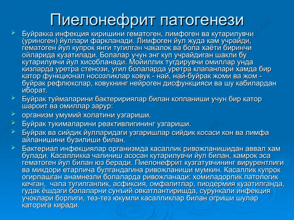 ортик протеинурия, микроскоп курув майдонида 15-20 ва ундан ортик лейкоцитлар борлиги, бир неча узгармаган ва ишкорланган эритроцитлар, цилиндрлар аникланиши характерлидир. сийдик чукмаси микдорини текширишда аддис-каковский, амбурже, нечипоренко усуллари кенг кулланилади. пиелонефритнинг диагностик белгиларидан бири булиб сийдикда лейкоцитар цилиндрларни аниклаш хисобланади. буларнинг сийдикда булиши буйрак найчалари яллиглангандан дарак беради. сийдикда донадор цилиндрларни аникланиши нефрон каналчаларида дегенератив узгаришлар бораётганидан дарак беради. пиелонефрит мухим диагностик белгиларидан яна бири бактериурия 1 мл сийдикда 100 000 ва ундан ортик микроблар таначалари аникланиши - шубхасиз патологик бактериурия деб хисобланади. 50-100 минг микроб таначалари аникланса - булиши мумкин тахминий патологик бактериурия хисобланади. агар 1мл сийдикда бактериялар микдори 10 мингдан кам булса бу беморда пиелонефрит касаллиги йуклигидан дарак беради. сийдик чукмасида фаол лейкоцитлар ва штейнгеймер - мальбин хужайрасининг аникланишини сийдик системасидаги яллигланиш жараёни фаоллигини бахолашда катта рол уйнайди. уткир пиелонефрит диагностикасида асбобли текшириш усуллари хам мухимдир. айникса иккиламчи пиелонефритда манзара рентгенограмма сийдик йулларидан конгломераттлар (тошлар) бор ёки йуклигини …