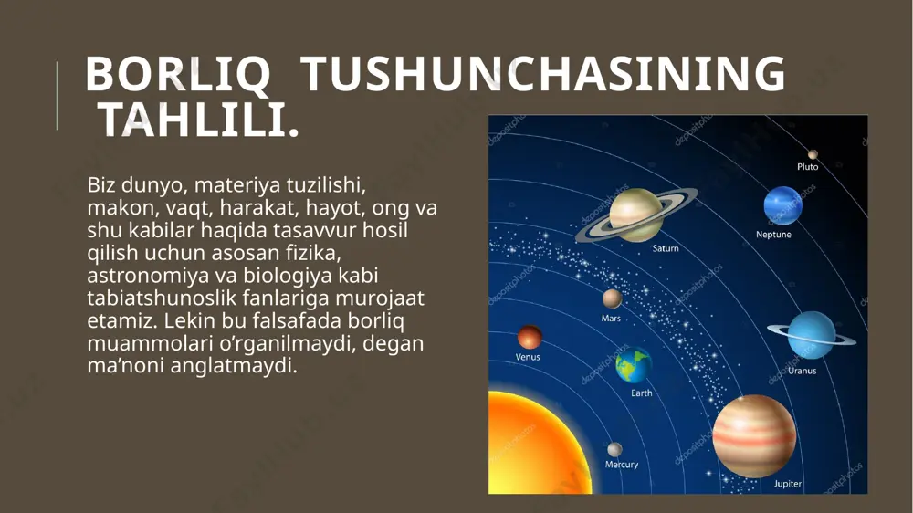 a o’zining jamiyatdagi o’rnini anglab etishi, ya’ni o’zini o’zi bilishdir. o’zlikni anglash – bu ongimizning o’ziga xos markazidir. ijtimoiy borliq ayrim insonning jamiyatdagi borlig’i va jamiyatning o’z borlig’iga bo’linadi. har bir inson boshqa odamlar bilan muttasil aloqa qiladi, turli ijtimoiy guruhlar: oila, ishlab chiqarish jamoasi, millatning a’zosi hisoblanadi. falsafada substantsiya muammosi. falsafa tarixida o’zining mavjudligi uchun o’zidan boshqa hech narsaga muhtoj bo’lmagan birinchi asosni ifodalash uchun «substantsiya» (lot. substantia – mohiyat, asos) kategoriyasi qo’llaniladi. falsafada materiya muammosi. «materiya» atamasi lotincha materia so’zidan kelib chiqqan bo’lib, modda degan ma’noni anglatadi. shunga qaramay, falsafa tarixida «materiya» tushunchasining mazmuni bir necha marta o’zgargan, tabiatshunoslikning va falsafaning rivojlanishiga muvofiq rivojlangan. makon va vaqt - borliqning fundamental shakllari bizni qurshagan dunyo mazmuni, borliqning umumiy xossasi bo’lgan borliq haqida so’z yuritar ekanmiz, makon va vaqt tushunchalarini chetlab o’tishimiz mumkin emas. zero, har qanday jism, narsa, hodisa doim borliqning boshqa predmetlari va hodisalari bilan yonma-yon keladi, ko’lamlilik …