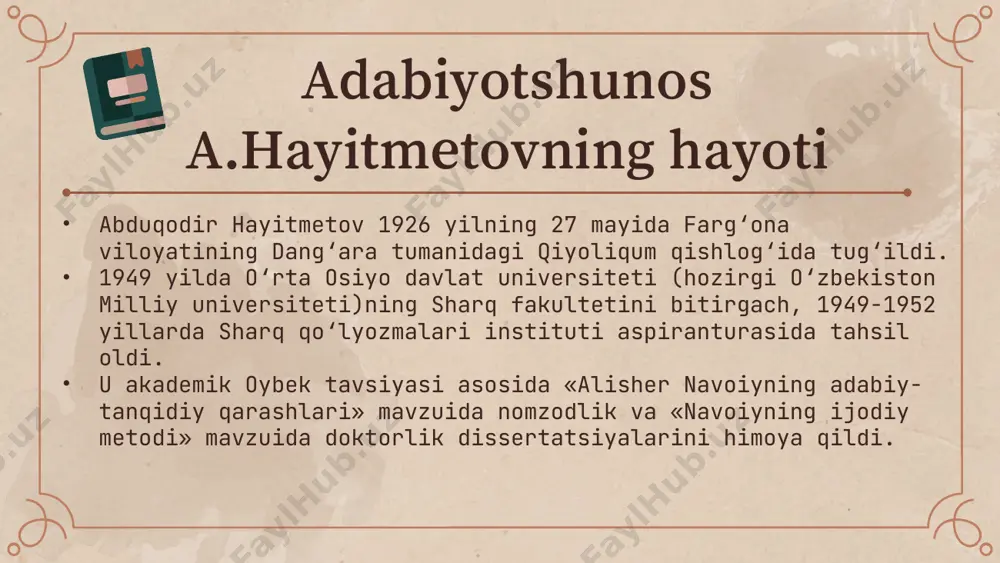 . ҳайитметов а. навоий даҳоси.-тошкент, 1970. ҳайитметов а. шарқшунос бўлмоқ шараф. ўзбекистон шарқшунослик мактаби.-т.: ўзмэ, 2009. 5. абдусаматов м.ўзбекистон шарқшунослари.-тошкент,1996. e’tiboringiz uchun rahmat! image2.png image5.jpg image3.png image4.png image6.jpg image7.jpg image8.png image1.png