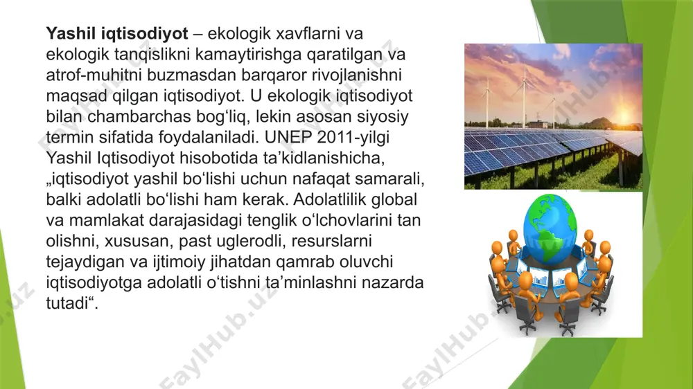y so‘nggi yillarda yashil iqtisodiyotga katta e'tibor qaratmoqda. quyosh energetikasi: xitoy dunyodagi eng yirik quyosh paneli ishlab chiqaruvchisi va eksportchisi bo‘lib, bu sohada eng yuqori o‘sish sur’atlarini ko‘rsatmoqda. shaharlarni yashillash: xitoyning katta shaharlarida yashil hududlarni kengaytirish, ekologik toza infratuzilma qurish va atrof-muhitni himoya qilish bo‘yicha yirik dasturlar amalga oshirilmoqda. chiqindilarni boshqarish: chiqindilarni qayta ishlash bo‘yicha yangi texnologiyalarni tatbiq etish orqali xitoy chiqindi hajmini sezilarli darajada kamaytirdi. shvetsiya shvetsiya yashil iqtisodiyotga erishishda eng muvaffaqiyatli davlatlardan biridir. karbon solig‘i: 1991 yilda shvetsiya karbonat angidrid chiqindilariga soliq joriy qilgan dunyodagi birinchi davlatlardan biri bo‘ldi. bu qadam energetika sektorida qayta tiklanadigan energiya manbalarining ulushini oshirishga yordam berdi. iqlim dasturi: shvetsiya 2045 yilga borib karbon neytrallikka erishishni maqsad qilgan. hozirda mamlakat energiya ehtiyojlarining 54% dan ortig‘ini qayta tiklanadigan manbalardan olmoqda. transport sektori: elektr transport vositalarini rivojlantirish va avtomobil yo‘llarida uglerod chiqindilarini kamaytirishga qaratilgan dasturlar ishlab chiqilgan. yaponiya yaponiya yashil texnologiyalarni rivojlantirishda yetakchilardan biridir. energiya samaradorligi: …