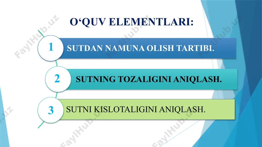 n olinayotgan sutlarni o‘z vaqtida ekspertiza qilishga asoslangan. 5 namuna olish tartibi: tekshirilayotgan sutlardan to‘g‘ri namuna olish davlat standartida belgilangan talablar asosida bajariladi. sutdan to‘g‘ri namuna olinsa, hamma o‘tkaziladigan tekshirishlar natijasi yaxshi bo‘ladi. agar sutdan namuna olishda xatoga yo‘l qo‘yilsa, tekshirishdan olingan natija xulosasi noto‘g‘ri bo‘ladi. o‘rtacha namunalarini olish bundan tashqari namuna olish paytida shu mahsulot uchun javobgar kishi ishtirok etish kerak. sutchilik ishida kimyoviy yoki bakteriologiya tekshirish uchun namuna olinadi. o‘rtacha namuna har xil ishlab chiqarish sharoitlarida olinadi. jumladan, sutning tarkibini har qaysi alohida sog‘in sigirlardan olib o‘rganish uchun molxonalarda, yoki yozgi lagerlarda olinadi. sutni xo‘jaliklar bo‘yicha ta’riflashda molxonalarda, yoki fermalarda sog‘in sigirlar sog‘ilgandan keyin o‘rtacha namuna olinadi. davlatga topshirilayotgan sutning sifatini aniqlash uchun sutni qabul qilib olish joylarida taroziga tortishdan oldin namuna olinadi. sutning kislotaliligini va yog‘ini aniqlashda 50 ml, bordiyu boshqa tekshirishlar o‘tkazish kerak bo‘lsa, shu jumladan, sutning zichligi va uning tarkibidagi oqsilni aniqlash uchun 200-250 ml …