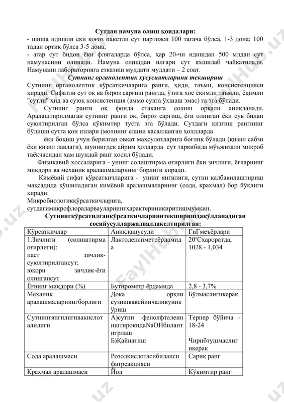 ади, аммо айрим ҳолларда тез бузилувчи маҳсулотларнинг сифатлилиги дпм нинг овқатхонасида ҳам энг оддий усуллар ёрдамида текширилиб, уларнинг сифатига баҳо берилиши мумкин. сутнинг гигиеник экспертизаси сут ўзининг биологик ва овқатли хусусиятларига кўра энг қийматли овқат маҳсулоти ҳисобланади. сут маҳсулотлари аҳолининг ҳамма гуруҳлари томонидан баробар истеъмол қилинади, бироқ болалар , ёши ўтиб бораётган кишилар ва парҳезли таомлар орқали овқатланиши лозим бўлган шахслар учун знг муҳим аҳамиятга эгадир. сутнинг кимёвий таркиби доимий бўлмай, у молнинг турига, зотига, йил фаслларига, сут бериш вақтига, молнинг шахсий хусусиятларига, ҳайвоннинг соғломлик ҳолатига, овқатланиш тури ва миқдорига боғлиқ ҳолда ўзгаради. сутнинг кимёвий таркиби қуйидагича: сув 88,6%, оқсиллар 2,8%, ёғлар 3,2%, углеводлар 4,7%. 100г сутнинг энергетик қиймати ўртача 65 ккал. сутнинг таркибида асосан а ва д витаминлар мавжуддир. сутда бегона механик аралашмалар ва консервалаш учун ишлатиладиган моддалар бўлмаслиги керак. ичиш учун мўлжалланган сутнинг физико-кимёвий кўрсаткичлари: 1. сут таркибидаги ёғнинг миқдори -3,2 %; 1. нордонлиги-шиша идишларга солинган сут учун …