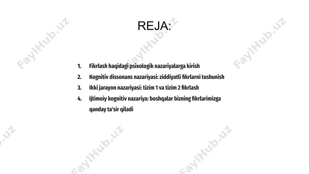 g dunyo bo'ylab sayohatlari va tanlovlari haqida qimmatli tushunchalarni taqdim etishda juda muhimdir. ijtimoiy kognitiv nazariya: boshqalar bizning fikrlarimizga qanday ta'sir qiladi ijtimoiy kognitiv nazariya bizning fikrlarimiz atrofimizdagi odamlar tomonidan kuchli ta'sir qilishini ko'rsatadi. kuzatish va modellashtirish orqali biz boshqalardan o'rganamiz va o'z fikrlash uslubimizni moslashtiramiz. bu nazariya bizning idrokimizni shakllantirishda ijtimoiy o'zaro ta'sirlarning rolini ta'kidlaydi. bu fikrlash jarayonlarimizga tengdoshlar ta'siri, ijtimoiy me'yorlar va madaniy omillarning muhimligini ta'kidlaydi. boshqalar bizning fikrlarimizga qanday ta'sir qilishini tushunish ijtimoiy vaziyatlarda yanada samaraliroq harakat qilishimizga va ongli qarorlar qabul qilishga yordam beradi. ushbu ta'sirlardan xabardor bo'lib, biz o'z fikrimizni yaxshiroq boshqarishimiz mumkin. 3 1 2 sxema nazariyasi: ongda ma'lumotni tartibga solish sxemalar nazariyasi bizning ongimiz ma'lumotni sxemalar deb ataladigan aqliy doiralarda tartibga solishni taklif qiladi, bu bizga mavjud bilimlar asosida yangi ma'lumotlarni tushunishga yordam beradi. ushbu sxemalar fikrlash va muammolarni hal qilish uchun qo'llanma bo'lib xizmat qiladi, bu bizga atrofimizdagi dunyoni yanada samaraliroq talqin …