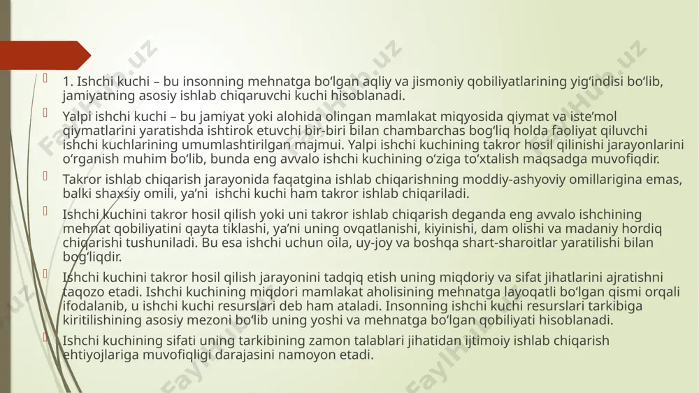 hning pasayishi va yalpi talabning qisqarishi natijasida vujudga keladi. institusional ishsizlik ishchi kuchi bozori infratuzilmasi, ya’ni ishchi kuchini ish bilan ta’minlashga xizmat kо‘rsatuvchi muassasalarning yetarli darajada rivojlanmaganligi yoki samarali faoliyat kо‘rsatmasligi natijasida paydo bо‘ladi. uni ham tabiiy ishsizlik tarkibiga kiritish mumkin. texnologik ishsizlik ishlab chiqarish jarayoniga texnologik usullarning kirib kelishi bilan bog‘liq bо‘ladi. ularning ichida asosiylari ishlab chiqarishni mexanizatsiyalash, avtomatlashtirish, robotlashtirish va informatsion texnologiyani qо‘llash hisoblanadi. hududiy ishsizlik muayyan hududdagi tarixiy, demografik, madaniy, milliy va ijtimoiy-ruhiy xususiyatdagi bir qator kompleks omillar ta’siri ostida ishchi kuchi talabi va taklifi о‘rtasidagi nomutanosiblik natijasi hisoblanadi. yashirin ishsizlik uchun ish kuni yoki ish haftasi davomida tо‘liq band bо‘lmaslik xos. 4. ishsizlikning iqtisodiy oqibatlari uning ta’sirida ishlab chiqarilmay qolgan mahsulot hajmi orqali baholanadi. iqtisodiyot barcha ishlashni xohlagan va ishlay oladiganlar uchun yetarli miqdorda ish joylarini yaratish holatiga ega bо‘lmasa mahsulot ishlab chiqarish potensial imkoniyatining bir qismi yо‘qotiladi. iqtisodiy adabiyotlarda bu yо‘qotish yalpi ichki mahsulot (yaim) …