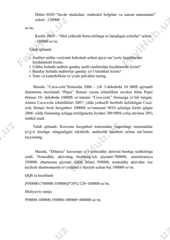 50000. nomoddiy aktivdan voz kechish shartnomasini ro‘yxatdan o‘tkazish uchun boj 100000 so‘m. qqs ni hisoblash: [950000-(700000-350000)]*20%/120=100000 so‘m; moliyaviy natija: 950000-100000-350000-100000=400000 so‘m; yuqoridagi muomalalarga buxgalter tomonidan quyidagi provodkalar berilgan. 1) debet 4010-“xaridor va buyurtmachilardan olinadigan schotlar” schoti;-950000 so‘m; kredit 9220-“boshqa aktivlarning sotilishi va boshqacha chiqib ketishi” schoti - 950000 so‘m; 2) debet 9220-“boshqa aktivlarning sotilishi va boshqacha chiqib ketishi” schoti; -100000 so‘m; kredit 6990-“boshqa majburiyatlar” schoti, -100000 so‘m; 3) debet 6990-“boshqa majburiyatlar” schoti; -100000 so‘m; kredit 5110-“hisob-kitob schoti” schoti, - 100000 so‘m. 4) debet 9220-“boshqa aktivlarning sotilishi va boshqacha chiqib ketishi” schoti; -100000 so‘m; kredit 9320-“boshqa aktivlarning sotilishi va boshqacha chiqib ketishidan olingan foyda” schoti, -400000 so‘m; 5) debet 5110-“hisob-kitob schoti” schoti, -950000 so‘m; kredit 4010-“xaridor va buyurtmachilardan olinadigan schotlar” schoti;- 950000 so‘m. talab qilinadi: 1. auditor ushbu vaziyatni baholash uchun qaysi me’yoriy hujjatlardan foydalanishi lozim? 2. ushbu holatda auditor qanday audit usullaridan foydalanishi lozim? 3. korxona buxgalteri tomonidan yuqorida keltirilgan …