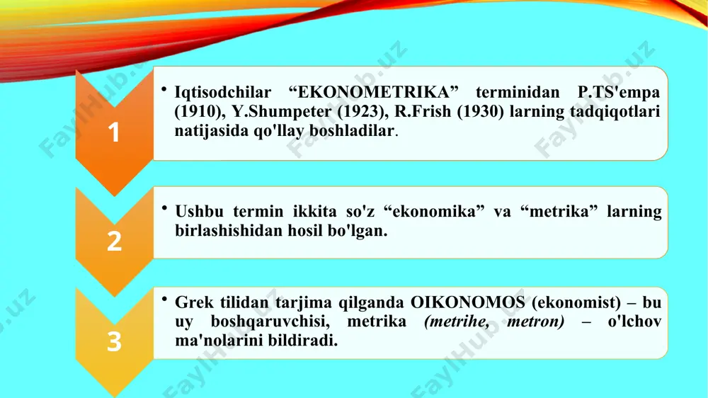 aliy maqsadiga ko‘ra iqtisodiy-matematik modellar iqtisodiy jarayonlarning umumiy xususiyatlari va qonuniyatlarini tadqiq qilishda ishlatiladigan nazariy-analitik modellarga aniq iqtisodiy masalalarni yechishda qo‘llaniladigan amaliy modellar (iqtisodiy tahlil, bashoratlash, boshqarish modellari)ga bo‘linadi. determinirlangan modellar model o‘zgaruvchilari orasidagi qat’iy funksional bog‘lanishlar borligini nazarda tutadi. stoxastik modellar tadqiq qilinayotgan ko‘rsatkichlarga tasodifiy ta’sirlarning borligini e’tiborga oladi hamda ularni tasvirlash uchun ehtimollar nazariyasi va matematik statistikaning vositalaridan foydalanadi. statik modellarda barcha bog‘lanishlar vaqtning tayinli payti yoki davriga tegishlidir. dinamik modellar iqtisodiy jarayonlarning vaqt bo‘yicha o‘zgarishini tavsiflaydi. qaralayotgan vaqt davrining uzunligiga qarab bashoratlash va rejalashtirishning qisqa muddatli (bir yilgacha), o‘rta muddatli (5 yilgacha), uzoq muddatli (10-15 va undan ko‘proq yilgacha) modellari farqlanadi. iqtisodiyot modellari fazoviy omillar va shartlarni o‘z ichiga olishiga qarab fazoviy va nuqtaviy modellar farqlanadi. shunday qilib, iqtisodiyotda modellarning umumiy tasnifi o‘ndan ortiq asosiy belgilarni o‘z ichiga oladi. iqtisodiy-matematik tadqiqotlarning rivojlanishi bilan qo‘llanilayotgan modellarni tasniflash muammosi murakkablashib boraveradi. 3. ekonometrik model tushunchasi, turlari va undagi o'zgaruvchilar …