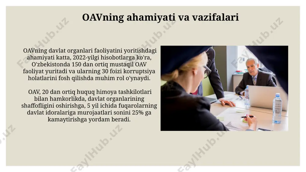 rtiq qonun hujjati qabul qilingan bo‘lib, ularning 30 foizi fuqarolarning davlat organlari faoliyati to‘g‘risidagi ma’lumotlarga erishish imkoniyatlarini kengaytirishga qaratilgan. ma’lumotlarga kirishni ta’minlashda, o‘zbekiston respublikasining "axborotga kirish haqida"gi qonuni 2008 yildan beri amal qiladi va 150 dan ortiq moddaga ega bo‘lib, davlat organlari faoliyatining shaffofligini oshirishda muhim rol o‘ynaydi. fuqarolar ishtiroki mexanizmlari davlat xaridlari to‘g‘risidagi qonun o‘zbekistonda 2018-yildan buyon shaffoflikni oshirishga qaratilgan bo‘lib, 3000 dan ortiq davlat shartnomalarini jamoatchilik muhokamasiga qo‘ydi. elektron hukumat platformalari orqali fuqarolar 70% ga yaqin davlat xizmatlarini onlayn tarzda olish imkoniyatiga ega bo‘lishdi, bu korruptsiyani kamaytirish va hisobot berishni yaxshilashga yordam beradi. ochiqlik va shaffoflik tamoyillari 2023-yilgi hisobotlarga ko'ra, toshkent shahri bo'yicha davlat xaridlari to'g'risidagi ma'lumotlarning 90% dan ortig'i ochiq va elektron tizim orqali jamoatchilikka taqdim etilgan. shaffoflikni ta'minlash maqsadida, o'zbekiston respublikasi davlat organlari rasmiy veb-saytlarida 5000 dan ortiq ma'lumotlarni joylashtirib, axborot almashinuvi jarayonlarini takomillashtirmoqda. qonunchilik bazasi va huquqiy asoslar мамлакат бўйлаб 20 дан ортиқ минтақадаги жамоатчилик …