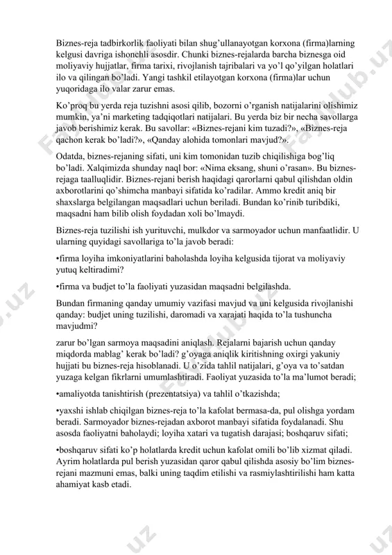 lar kimlarni ko’proq qiziqtiradi? u, asosan, xo’jalik faoliyati yurituvchilar va investitsiya (sarmoya)ga muhtoj bo’lgani uchun tuziladi: - ish yurituvchilar; - mulkdorlar; - sarmoyadorlar. ish yurituvchilar, odatda, biznes-reja tashkilotchisi va baja-ruvchisi hamdir. kam e’tibor berilsa-da, ish yurituvchining imkoniyati biznes-rejada emas, balki uni rejalashtirish jarayonida yuqori bo’ladi. mulkdorning biznes-reja tuzishdan manfaatdor bo’lishi, o’z firmasini kelgusidagi rivojlanishi haqida ma’lumotga ega bo’lishdir. kichik korxonalarda ish yurituvchi bir vaqtning o’zida mulkdor ham bo’lishi mumkin yoki biznes-reja tashkilotchisi, bajaruvchisi va nazorat olib boruvchisi kabi har xil rolni bajarishi ham mumkin. odatda, biznes-rejalar banklar uchun tuziladi. g’arb banklari-ning ko’pchiligiga biznes-rejalarni taqdim etilishi majburiydir. kredit beruvchilar biznes-rejani kredit ikkinchi bosqichi rejalashtirish davri: biznes-rejalarning aniq davomiyligi, tovar ishlab chiqarish va biznes xususiyatidan kelib chiqib, har xil bo’lishi mumkin. odatda, biznes-rejalar ikki-uch yilga tuzilib, birinchi yilning barcha ko’rsatkichlari oylar bo’yicha aniq-ravshan ko’rsatiladi. keyingi yillarga umumlashgan istiqbol yo’nalishlari bo’yicha asosiy topshiriqlar aks ettiriladi. uchinchi bosqichining asosiylaridan biri, uni maqsadga erishish hisoblanadi. …