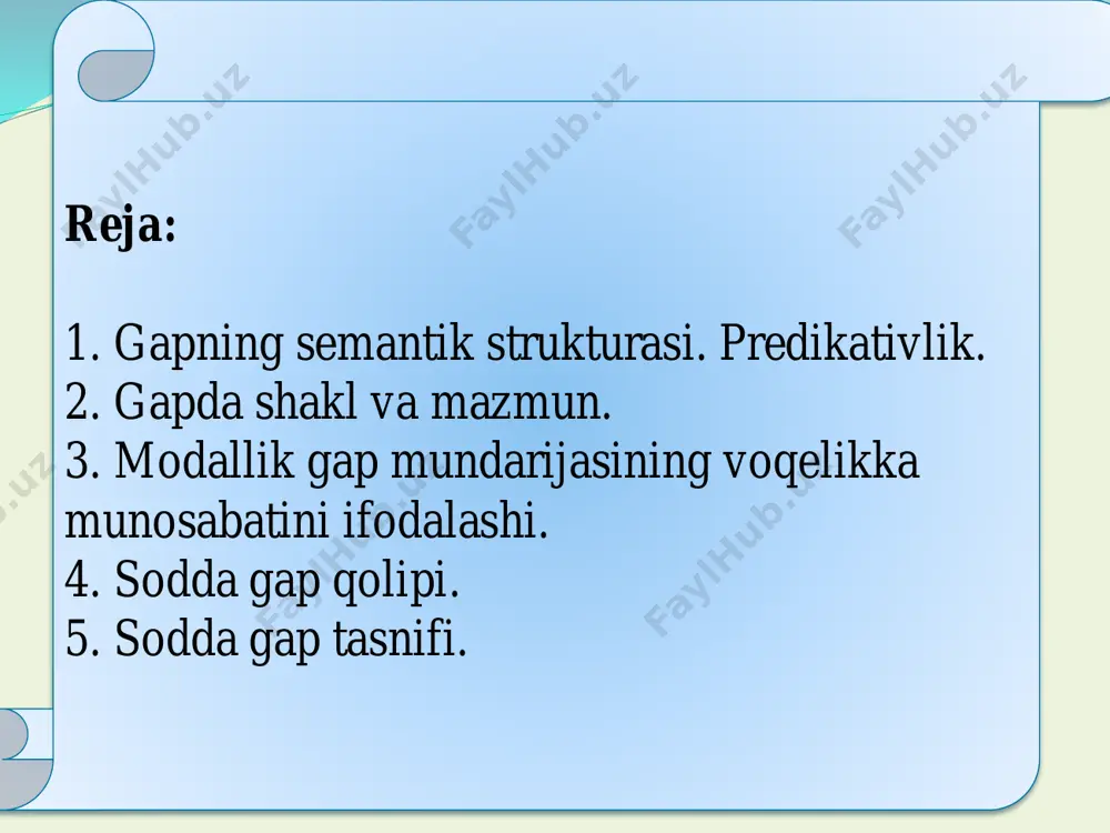 esa uning muayyan vaziyat bilan bog‘langan ko‘rinishidir. gap modeli aniq sanalish va tasvirlanish xususiyatiga ega (yopiq ro‘yxatni tashkil etadi), jumlaning cheksiz bir ko‘rinishda namoyon bo‘lish imkoniyati mavjud. bundan ikki ma’no kelib chiqadi: 1.gap haqiqatan fikr ifodalaydi, lekin bu fikr mutlaq tugal, mukammal bo‘lmaydi. 2.gap fikr ifodalovchi yagona sintaktik butunlik emas, fikr ifodalovchi gapdan katta butunliklar ham bor. predikativlik har qanday gapga xos umumiy grammatik ma’no bo‘lib, gapni fikr ifodalash, xabar berish, tasdiqlash, hukm bildiruvchi birlik sifatida shakllantiruvchi asosiy grammatik xususiyatdir. predikativlikning asosiy xususiyati predikativlik va ohang gapni shakllantiruvchi vositalardir gap mundarijasining mavjud voqelik bilan aloqadorlik hodisasi predikativlik sanaladi predikativlikni kesim ko‘rsatadi. kesim umumiy predikativlik ma’nosini konkret modallik, zamon, shaxs-son vositalari orqali ifodalaydi predikatsiya kesimlikni bildiruvchi butun shakllar sistemasi bilan bog‘liq. predikativlik qismlari ifodalanishi 1. tasdiq - inkor 1. -ma affiksi, emas, yo‘q so‘zlari, bo‘lishsizlik olmoshlari orqali ifodalanadi. 2. modallik. (gap mazmunining voqelikka munosabati, aytilayotgan fikrning mavjud holatga munosabati) 2. so‘zlovchining …