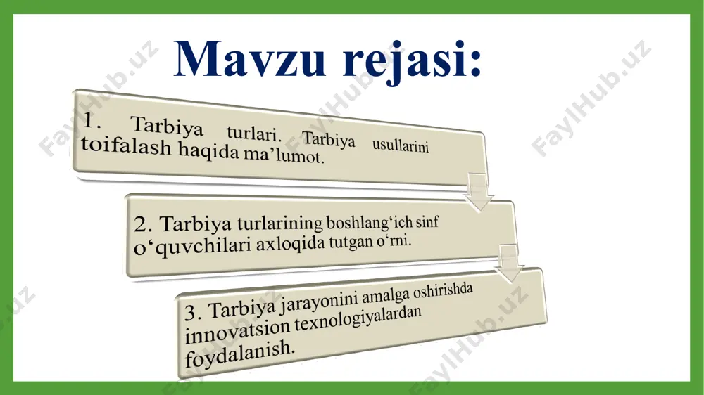 shakllantirishdir. mazkur maqsadga erishish yo‘lida quyidagi vazifalami ijobiy hal etish maqsadga muvofiq: yosh avlodda mehnat qilish istagini qaror toptirish va ulami zamonaviy ishlab chiqarishning turli sohalarida faoliyat yuritishga tayyorlash; o'quvchilarda umumjamiyat manfaati yo‘lida mehnat qilish ehtiyoj ini hosil qilish; ulaming aqliy qobiliyatlarini rivojlantirish; 0‘quvchilaming mavjud bilimlarini uzluksiz ravishda takomillashtirib borishlari uchun zarur shart-sharoit yaratish; ularda mehnat ko‘nikma va malakalarini tarkib toptirish; o'quvchilar faoliyatida yuqori madaniyat, maqsadga intilish, tashkilotchilik, mehnat intizomi, tadbirkorlik, tejamkorlik, ishni sifatii bajarish, moddiy boyliklarga ehtiyotkorona mimosabatda bo‘lish, hayotiy faoliyat yo'nalishini belgilash malakalarini shakllantirish; o'quvchilarda davlat iqtisodiy siyosati mazmuniga tayangan holda ular yashab turgan hududlar ishlab chiqarish xususiyatlariga muvofiq kasblami egallashga bo‘lgan qiziqishni oshirish; o‘quvchilarni kasbga yo'llash, ulami mehnat faoliyatining barcha turlari, shuningdek, ular yashayotgan hududda ehtiyoj mavjud bo'lgan mutaxassisliklar bilan tanishtirish. ma’naviy – axloqiy tarbiya axloq (arabcha - xulq-atvor ma'nosini bildiradi) ijtimoiy ong shakllaridan biri bo’lib, ijtimoiy munosabatlar hamda shaxs xatti-harakatini tartibga soladigan qonun-qoidalar majmuidir. ma’naviy-axloqiy tarbiya …