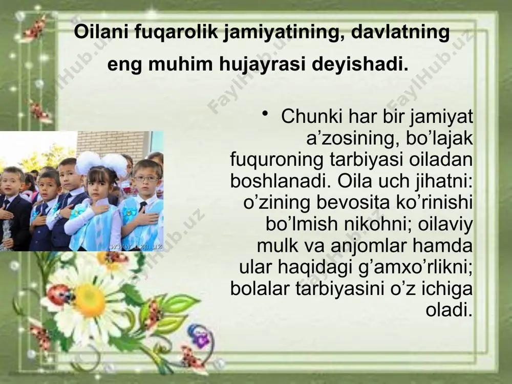 nda turadi, nikohda u ikkinchi darajali mavqe egalaydi. oilaning yana bir jihati – uning o’z mulkiga egaligi. . agar nikoh oilaning botiniy ko’rinishi bo’lsa, oilaviy mulkni uning tashqi ko’rinishi deyish mumkin. oilaning mavjud bo’lishi uchun ishlab topiladigan mablag’ ham zarur. oila uchun topiladigan ana shu mablag’, shubhasiz axloqiy tabiatga ega: oila boshlig’i oila a’zolarini halol edirib-ichirishi, kiydirishi lozim. . oilani erkak kishi boshqaradi. u nafaqat «topib keladi», balki oilaviy mulkka xo’jayinchilik qilish, uni taqsimlash huquqiga ham ega. oilada bolaning ahamiyati nihoyatda katta. ota bolada o’z jufti halolini, ona esa sevimli erini ko’radi: bolada er xotinning muhabbati predmetlashadi, jonlanadi. bola – oilani tutib turuvchi jonli muhabbat. bolalar oilada umumiy oilaviy mulk hisobiga eb-ichadilar, tarbiya oladilar. диний тарбия диний тарбия - бу асосида аллоҳни таниш, оламдаги нарса ва ҳодисалар ўртасидаги уйғун ҳамда муштарак боғлиқликка имон келтириш, инсофли ва диёнатли бўлиш, бировнинг ҳақидан қўрқиш, ҳаромни ҳалолдан ажрата олиш, умуман олганда, кишиларни ҳар томонлама …