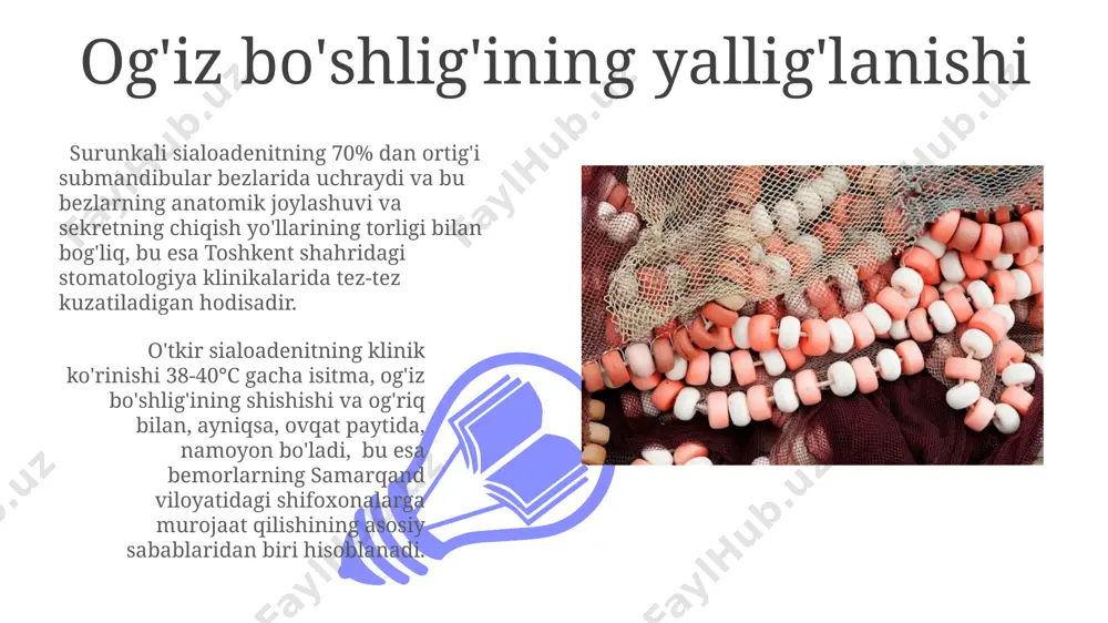 atiladi, bu esa og'riq, disfagiya va hatto infektsiyalarni keltirib chiqarishi mumkin, ayniqsa, qashqadaryo viloyatida. toshning o'lchami va joylashishiga qarab, og'riq intensivligi va davomiyligi farq qiladi. masalan, 5 mm dan katta toshlar ko'pincha kuchli og'riq va qaytalanuvchi infektsiyalarni keltirib chiqarishi mumkin, toshkent shahri stomatologiya klinikalarida kuzatilgan. sialolitlarning joylashishi yuqori jagʻ tuprik bezlarida sialolitlar kamroq uchraydi, taxminan 10-15% hollarda aniqlanadi va ularning joylashishi asosan stenon kanalining oʻrta qismida kuzatiladi. sialolitlarning 80% dan ortigʻi pastki jagʻ tuprik bezi (vartoning) kanalida, ayniqsa, uning ogʻiz boʻshligʻiga ochiladigan qismida joylashadi. jarrohlik davolash sialolitning o'lchami va joylashuviga qarab, jarrohlik aralashuv turli xil usullarni o'z ichiga oladi, jumladan, endoskopik jarrohlik yoki 2-3 sm kichik kesma orqali toshni olib tashlash, natijada 90% dan ortiq muvaffaqiyat darajasi kuzatiladi. jarrohlikdan keyin, samarqanddagi 1-sonli stomatologiya poliklinikasida bemorlarga og'iz bo'shlig'ining gigienasini yaxshilash va 7 kundan keyin tikuvlarni olib tashlash bo'yicha ko'rsatmalar beriladi, shuningdek, og'riq qoldiruvchi va yallig'lanishga qarshi dori-darmonlar buyuriladi. sialolitlarning paydo bo'lishi …