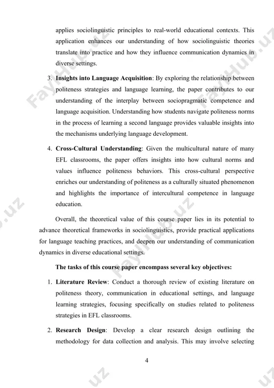 lies in its potential to advance theoretical frameworks in sociolinguistics, provide practical applications for language teaching practices, and deepen our understanding of communication dynamics in diverse educational settings. the tasks of this course paper encompass several key objectives: 1. literature review: conduct a thorough review of existing literature on politeness theory, communication in educational settings, and language learning strategies, focusing specifically on studies related to politeness strategies in efl classrooms. 2. research design: develop a clear research design outlining the methodology for data collection and analysis. this may involve selecting appropriate observation techniques, determining participant demographics, and addressing ethical considerations. 3. data collection: collect data through observation or recording of interactions within efl classrooms. ensure that data collection methods are aligned with the research objectives and ethical guidelines. 4. data analysis: analyze the collected data to identify patterns, themes, and variations in politeness strategies employed by students. use appropriate analytical …