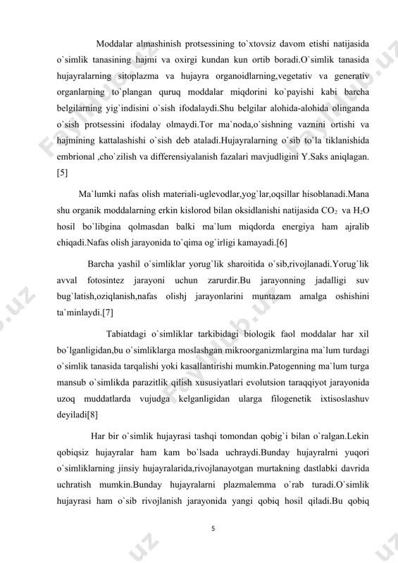 vaqtda o`sish va rivojlanish bir-biridan farq ham qiladi [10]. o`sish jarayonining boshqarilish mexanizmi o`simliklar ontogenezini tavsiflovchi eng muhim jarayonlar o`sish va rivojlanishdir.ular o`simlik tanasidagi barcha hayotiy reaksiyalarning natijasi hisoblanadi.bu jarayonlar bir-biriga uzviy bog`liq bo`lib,faqat o`sish asosida rivojlanish va rivojlanish asosida o`sish tavsiflanadi.natijada ikkalasi o`simlikning hayotiy siklini belgilaydi.biroq ayni vaqtda o`sish va rivojlanish bir-biridan farq ham qiladi. o`sish-bu o`simiklar bo`yi va eni tobora ortib ,umumiy massasining oshishidir.bunday o`sish orqasiga qaytmaydi.chunki yangidan-yangi hujayralar,to`qimalar va organlar vujudga kelib,protoplazma va undagi organoidlar to`xtovsiz shakllanib turadi. rivojlanish-o`simlik hayotiy siklini tavsiflovchi yoshlik,voyaga yetish,ko`payish,qarish va o`lish arafalaridagi sifatiy morfologik va fiziologik o`zgarishlarni o`z ichiga oladi. bu jarayonlarning o`zaro nisbati o`zgarib turishi mumkin.masalan,ayrim o`simliklarda o`sish ancha faol,rivojlanish esa juda sekin borishi mumkin. o`sish juda faol kechadigan o`simliklar tanasi odatda yirik,o`sish sekin va rivojlanish faol bo`lgan o`simliklar,aksincha kichik bo`ladi.bunday o`zgarishlar o`simlik turlariga,navlariga,xususiyatlariga,ichki va tashqi omillarning ta`siriga bog`liq. o`sish va rivojlanish umumiy bir yaxlitlikni tashkil etib,o`simlik tanasida kechadigan fiziologik va …