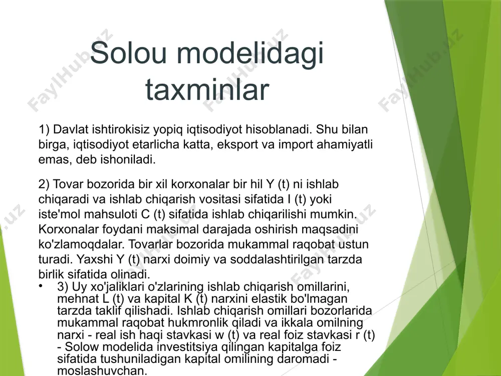 pensiya darajasi – amortizatsiyaning iqtisodiy darajasi d – kapitalga mutanosib va mutanosibdir. umumiy talab (y) iste'mol (c) va investitsiya (i) talabining yig'indisidir: y=i+c=i+(1-s)y shuning uchun, i=sּy. «barqaror holat» uzoq muddatli o'sish muvozanati tovarlar va ishlab chiqarish omillari bozorlari har qanday vaqtda muvozanatda bo'lgan va nisbiy iqtisodiy miqdorlar doimiy bo'lgan holat sifatida ta'riflanadi. muvozanatdagi investitsiyalar nuqtai nazaridan investitsiyalar pensiyaga teng. tp ekzoenligi tp qiymati ekzogen ravishda beriladi - solow-residium ("solow qoldig'i"). u milliy daromadning o'sish sur'atlarining mehnat va kapitalning ishlab chiqarish omillarining o'sishi bilan izohlab bo'lmaydigan qismini qamrab oladi. solow rezidentini aniqlashda, birinchi navbatda, iqtisodiyotning ishlab chiqarish imkoniyatlari kobb-duglas funktsiyasi bilan ifodalanganligidan kelib chiqadi. shundan kelib chiqib, harrodning texnologik taraqqiyoti neytral bo'lib, a mehnatining samaradorligini doimiy g darajasi bilan oshirish natijasida paydo bo'ladi deb taxmin qilinadi. laning samarali mehnat birliklarining umumiy soni n + g darajasida ortadi. buni hisobga olgan holda, vaqt o'zgarishi k tenglamasi endi quyidagicha shaklda bo'ladi: δk= i …