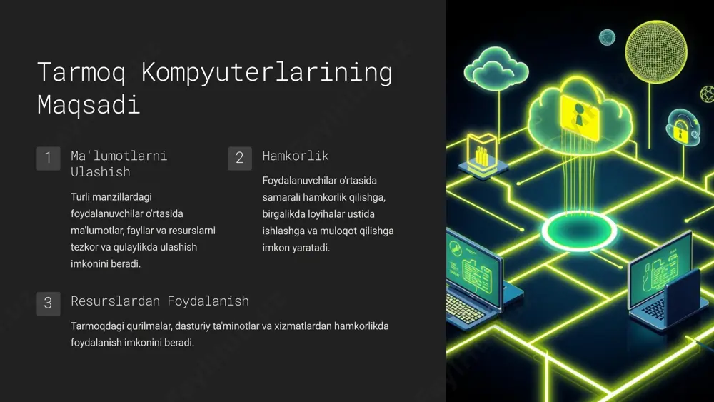 tish mumkin. 5 tarmoq kompyuterlarida ishlash foydalanuvchilar tarmoqdagi qo'llanma va xizmatlardan foydalanish. server tarmoqdagi ma'lumotlarni saqlash, ishlov berish va tarqatish. router tarmoqdagi qurilmalar o'rtasida ma'lumotlarni uzatish. switch tarmoqdagi qurilmalarni bir-biriga ulab, aloqani ta'minlash. 6 tarmoq kompyuterlarining arxitekturasi server tarmoqdagi ma'lumotlarni saqlash va ularni boshqarish. client tarmoq orqali serverdan ma'lumotlarni olish va foydalanish. router tarmoq ichida va tashqarisidagi aloqalarni ta'minlash. 7 tarmoq kompyuterlarining qo'llaniladigan sohalari biznes va boshqaruv tarmoq kompyuterlari orqali aloqa, hamkorlik, ma'lumotlarni boshqarish va qaror qabul qilish jarayonlari takomillashadi. ta'lim va ilm-fan tarmoq kompyuterlari masofaviy ta'lim, ma'lumotlarni ulashish va laboratoriya tajribalarini uyushtirish uchun qo'llaniladi. sog'liqni saqlash tibbiy ma'lumotlarni saqlash, ulashish va masofadan monitoring qilish uchun tarmoq kompyuterlari qo'llaniladi. 8 tarmoq kompyuterlarining xavfsizlik masalalari 1 ma'lumotlarni himoya qilish tarmoqda ma'lumotlarni shifrlash, foydalanuvchilarga ruxsat berish va noutbuklar yoki mobil qurilmalarni qulflash kabi usullar qo'llaniladi. 2 foydalanuvchi huquqlari tarmoq kompyuterlariga kirish va resurslardan foydalanish huquqlari tartiblangan tarzda belgilanadi. 3 rejalar va ehtiyot …