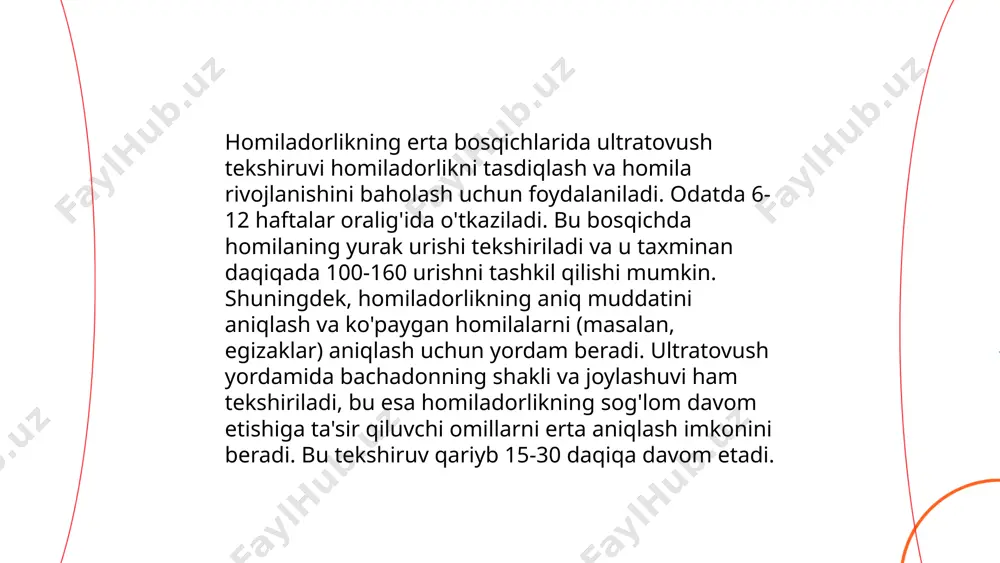 lga oshirilganida zarar yetkazmaydi. ... t.me/slaydai_bot doppler ultratovush tekshiruvi inson tanasidagi qon aylanishini baholashda keng qo'llaniladi. ushbu usul tomirlar va yurak ichidagi qon oqimining tezligini o'lchash imkonini beradi. doppler effekti ulrtrasonning to'lqin uzunligi o'zgarishini aniqlab, harakatlanuvchi qon zarralarini kuzatadi. bu tekshiruv turli kasalliklarni, masalan, quyosh nurlariga sezgirlik, ateroskleroz va yurak ritmi o'zgarishlarini aniqlashda yordam beradi. odatda, doppler ultratovush yordamida bachadonda homila rivojlanishini kuzatish ichida ham foydalaniladi. doppler ultratovush texnologiyasi noninvaziv bo'lib, xavfsiz, og'riqsiz va tezkor natija almashinuvi bilan mashhur. bu texnika yurak va qon tomir holatini batafsil tushunish uchun bebaho vositadir. ... t.me/slaydai_bot 10. homila yurak urishini kuzatish homilaning yurak urishini kuzatish, homiladorlik davrida ona va bola salomatligini nazorat qilishning muhim qismidir. odatda, homilaning yurak urish tezligi (hr) 110 dan 160 ur/daqiqagacha hisoblanadi. homilaning yurak urishi odatda homiladorlikning 10-haftasidan boshlab ultratovush yordamida aniqlanishi mumkin. yurak urishi me'yoridan pastroq yoki yuqoriroq bo'lsa, bu ona yoki bola uchun muammolarning mavjudligini anglatishi mumkin. …