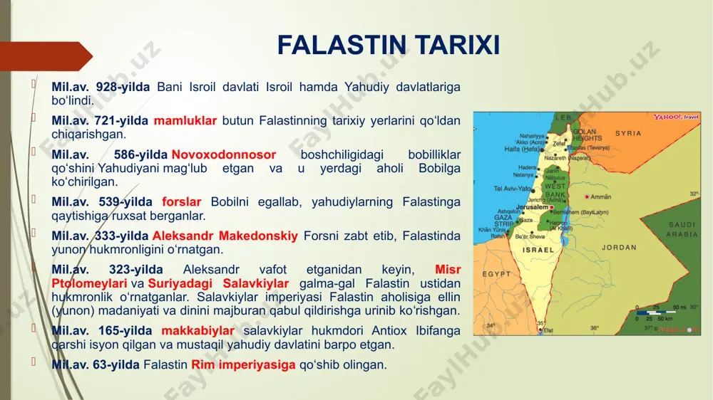 qabul qildi. sionizm haqida sionizm – yahudiylarni falastinga kelishini ragʻbatlantirish va u yerda yahudiylar davlatini tuzish orqali yahudiylarning oʻz-oʻzini anglashini tiklashga qaratilgan mafkura. xix-asr oxirida vujudga kelgan. quddusdagi sion tepaligi nomidan olingan. bibliya rivoyatlariga koʻra, bu yerda dovud podshoning qarorgohi va yaxvaning uyi boʻlgan. 1948-yildan keyin isroilni dunyo miqyosida har tomonlama qoʻllab-quvvatlashga moʻljallangan. sotsialistik va liberal oqimlardan tortib to shovinistik ruhda boʻlgan bir qancha oqimlarni oʻz ichiga oladi. sionistik tashkilotlar 60 dan ortiq mamlakatda ish olib boradi. yetakchisi — jahon sionistlar tashkiloti. 1897-yilda tuzilgan. qarorgohi isroil va aqshda. yosir arofat kim? mustaqillik va milliy ozodlik uchun kurashchi, qahramon. doxiy. eng ashaddiy dushmani, qotil va terrorchi. sotqin. yosir arofat (1929-2006) kim? to’liq ismi: muhammad abd ar-rauf al-kudvax al-xuseyni. yosir arafat xx-asr ikkinchi yarmining eng mashhur radikal davlat va siyosat arboblaridan biri. “yosir” so’zi arabchada “yengil” degan ma’noni bildiradi. 1994-yildan falastin muxtoriyati mamuriyatining boshlig’i. 1969-yildan falastinni ozod qilish tashkiloti (foqt) ijroiya qo’mitasining …