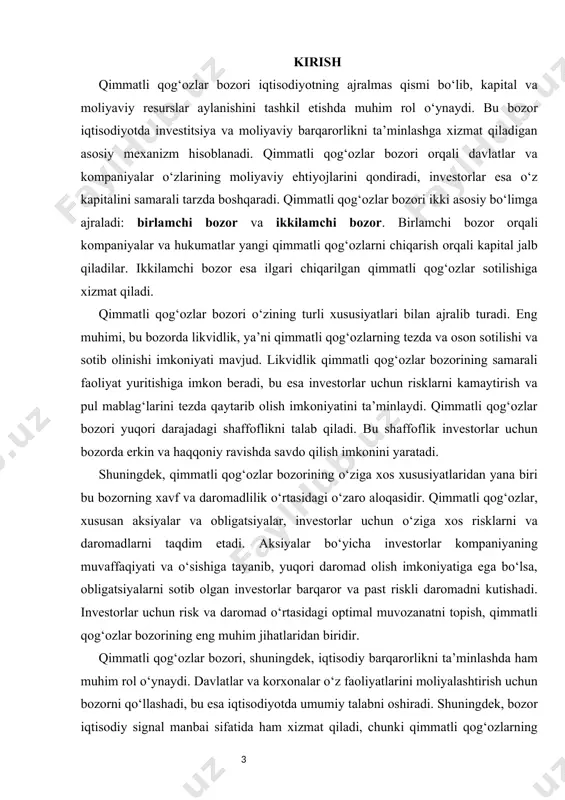 n, milliy va xorijiy valyuta, bank kreditlari va qimmatli qog'ozlardir. moliyaviy resurslar va kapital doimiy harakatda. bu harakatni boshqarish moliyaviy mexanizm orqali amalga oshiriladi. u hisob-kitob tizimlari va ularning shakllari, kreditlash va uning shakllari, depozitlar va badallar, qimmatli qog'ozlar bilan operatsiyalar, sug'urta va boshqalarni o'z ichiga oladi. zamonaviy korxonaning yaratilishi, rivojlanishi va rivojlanishini moliyaviy bozor vositalaridan foydalanmasdan tasavvur qilib bo'lmaydi. moliya bozori - bu turli xil moliyaviy aktivlar va vositalarga bo'lgan talab va taklif ularni sotib olish va sotish bo'yicha operatsiyalar jarayonida shakllanadigan iqtisodiy institut. moliya bozorining asosiy vazifasi pul mablag'larini to'plash va ularni investitsiyalarga aylantirishdir. moliya bozori kapitalni safarbar qilish, kredit berish, ayirboshlash pul operatsiyalarini amalga oshirish, ishlab chiqarish sohasiga moliyaviy resurslarni joylashtirishdir. bozorning funktsional maqsadi - kapitalning egalaridan foydalanuvchilarga o'tishida vositachilik qilishdir. bu jarayon turli moliyaviy vositalar yordamida amalga oshiriladi. moliyaviy vosita - amaldagi qonunchilikka muvofiq hujjatlashtirilgan ikki tomon o'rtasidagi har qanday shartnoma bo'lib, u bir tomon uchun …