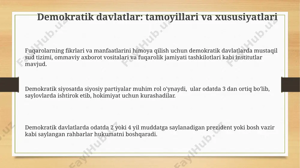 an hukumat shakllarining rivojlanishi, taxminan 5000 yildan ortiq davom etgan jarayon bo'lib, demokratiya, avtoritarizm va totalitarizm kabi turli siyosiy rejimlarning paydo bo'lishiga olib kelgan. hukumat shakli tushunchasi davlatning siyosiy tuzumini, ya'ni hokimiyatning tashkil etilishi va amal qilish tartibini, shuningdek, uning 3 ta asosiy tarkibiy qismini – qonun chiqaruvchi, ijro etuvchi va sud hokimiyatlarini ifodalaydi. davlat boshqaruvining asosiy shakllari konstitutsiyaviy monarxiyalarda, masalan, buyuk britaniyada, monarxning vakolatlari konstitutsiya bilan cheklangan boʻlib, parlament 2 palatadan iborat. prezidentlik respublikasida, aqsh misolida, prezident ham davlat rahbari, ham hukumat rahbari hisoblanadi va 4 yil muddatga saylanadi. davlat boshqaruvi shakllarining 3 asosiy turi – monarxiya (mutlaq, konstitutsiyaviy), respublika (prezidentlik, parlamentlik, aralash) va teokratiya boʻlib, ularning har biri oʻziga xos hokimiyat taqsimot mexanizmlariga ega. respublika: turlari va xususiyatlari aralash respublikalar 2 yoki undan ortiq hokimiyat tuzilmalarini birlashtirib, masalan, prezident va parlament o‘rtasidagi kuchlar taqsimotini muvozanatlashtiradi. respublika turlaridan biri bo‘lgan parlament respublikasida, hukumat parlamenga hisobot beradi va uning ishonchini …
