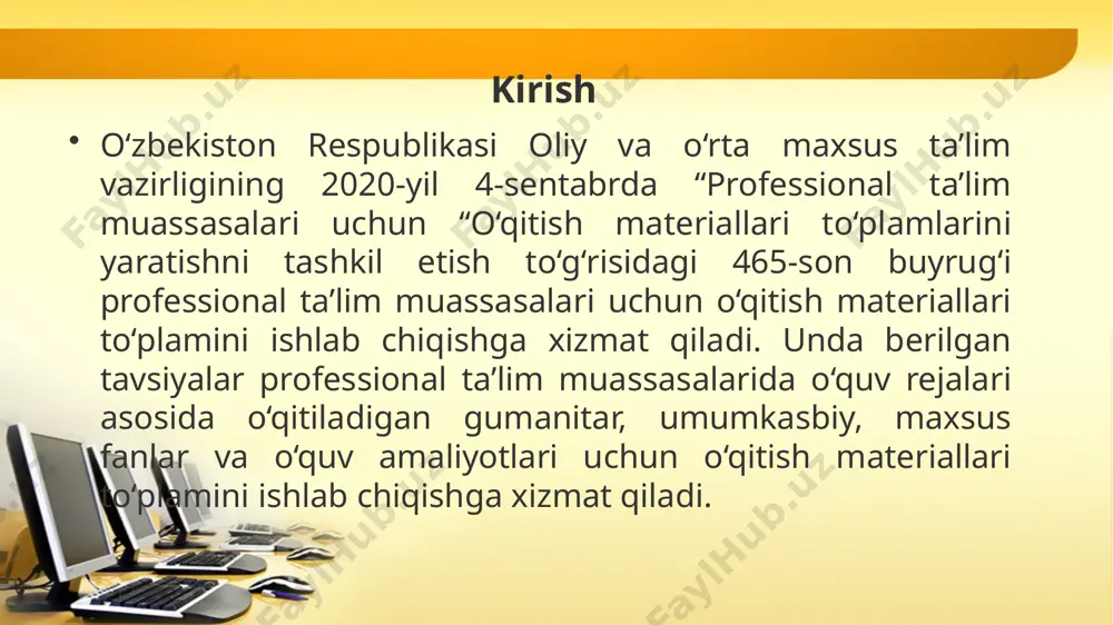 lantirish o‘qitish sifatini oshirish va pedagogik jamoaga metodik yordam berish ishlari va metodlarini o‘rganidim. bulung’ur tuman 2-son kasb-hunar maktabidagi har bir pedagoglarni darslarini tahlil qilib, tahlil natijasidan kelib chiqqan holda metodik yordam beraman. nazariy va amaliy darslarni sifatli o‘tishga o‘z hissamni qo‘shaman. takliflar 1.ta’lim muassasasida ustoz-shogirt an’ananasi ya’ni yosh o’qituvchini tajribali o’qituvchiga biriktish ishlarini takomillashtirishni tavsiya qilaman. 2.ta’lim muassasalarida metodik yordam ishlarini takomillashtirishda har bir o’qituvchi va ishlab chiqarish ta’limi ustalarning darslari tahlil qilinib, tahlil xulosasidan kelib chiqib yangi pedagogik texnalogiyalardan va har bir darsga yangi metodlardan faydalanishni tavsiya qilaman. 3.barcha o’qituvchi va ishlab chiqarish ta’limi ustalari axborot kommunikativ texnologiyalarni bilish darajasini oshirishni taklif qilaman. foydalanilgan adabiyotlar ro’yxati r.a.mavlonova, n.x.rahmonqulova, b.a.normurodova, k.o.matnazarova “tarbiyaviy ishlar metodikasi” toshkent-2014. j.xasanboyev, x.to’raqulov, i.alqarov, n.usmonov “pedagogika” toshkent-2011. bo’ri ziyomuhammedov, mamarajab tojiyev “pedagogik texnologiya” toshkent-2009. n.s.saidahmedov, n.n.indiaminov “pedagogik mahorat va pedagogik texnologiya” toshkent-2014. www.kitobxon.com www.ziyouz.com “ta’lim muassasalarida metodik yordam ishlarini takomillashtirish” mavzusidagi elektron malaka ishi taqdimoti …