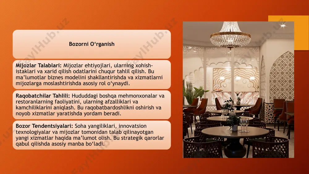 bu bosqichda yaratilgan tizim va jarayonlar orqali mijozlarga yuqori sifatli, tezkor va ishonchli xizmatlar taqdim etilishi, shuningdek, operatsion samaradorlikni oshirishga erishiladi. natijada, mijozlar qoniqishi ortadi, raqobatbardoshlik kuchayadi va biznes uzoq muddatli muvaffaqiyatga erishadi. doimiy tahlil va monitoring operatsion ko‘rsatkichlar kuzatuvi: sotuvlar, mijozlar qoniqishi, xizmat sifati va boshqa indikatorlar muntazam tahlil qilinadi. bu ma’lumotlar asosida mavjud jarayonlarning samaradorligini baholash va kelgusidagi strategik qarorlar qabul qilishda yordam beradi. bozor va raqobatchilarni monitoring qilish: hududiy bozor tendentsiyalari va raqobatchilar faoliyatini doimiy kuzatib borish orqali biznes o‘zining o‘zgaruvchan sharoitlarga tezda moslasha oladi. innovatsion texnologiyalarni joriy etish yangi texnologiyalarni tatbiq etish: sun’iy intellekt, avtomatlashtirish, raqamli tizimlar, mobil ilovalar va onlayn platformalar kabi innovatsion yechimlar xizmat ko‘rsatish jarayonlarini soddalashtiradi va samaradorlikni oshiradi. yangi marketing strategiyalari: raqamli texnologiyalar yordamida marketing kampaniyalari, mijozlar bilan muloqot va brend imidjini yanada kuchaytirish maqsadida yangi uslublar joriy etiladi. feedback asosida rivojlanish mijozlar va xodimlar fikr-mulohazalari: mijozlar ehtiyojlari va xodimlarning tajribalaridan kelib …