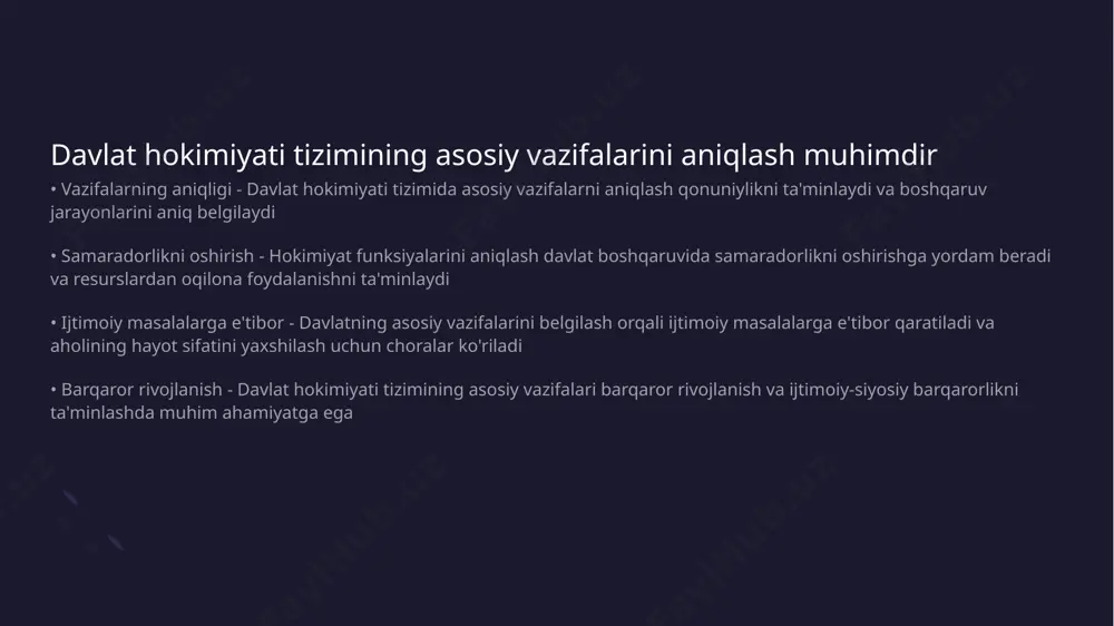 gender tengligi davlat boshqaruvidagi muhim omil hisoblanadi • hayot sifatini yaxshilash - gender tengligi jamiyatda hayot sifatini oshirishga xizmat qiladi • ijtimoiy barqarorlik - gender tengligi ijtimoiy barqarorlikning ta'minlanishiga yordam beradi • ishga joylashish imkoniyatlari - barcha fuqarolar uchun teng ishga joylashish imkoniyatlarini yaratadi yoshlarni davlat boshqaruviga jalb qilish uchun dasturlar ishlab chiqish kerak • yoshlar va ular uchun imkoniyatlar - yoshlar davlat boshqaruvining muhim elementlari hisoblanadi. ularning fikrlari va tashabbuslari jamiyatda yangiliklarni kiritishga yordam beradi. • ta'lim va treninglar - yoshlarni davlat boshqaruvida jalb qilish uchun maxsus ta'lim va treninglar tashkillashtirilishi zarur. bu ularga zarur bilim va ko'nikmalarni beradi. hokimiyat organlarida innovatsiyalarni joriy etish muhim ahamiyatga ega • innovatsiyalar va samaradorlik - innovatsiyalar hokimiyat organlarida ish faoliyatini samarali tashkil etish uchun zarur hisoblanadi. ular jarayonlarni tezlashtiradi va resurslarni tejaydi. • ommaviy xizmatlar sifatini oshirish - innovatsiyalar orqali davlat organlari aholi bilan bog'liq xizmatlarni yaxshilaydi. bu aholidan kelayotgan talab va …