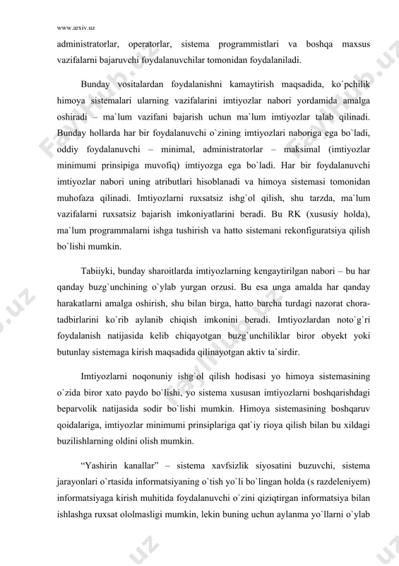 shirin kanallar” – sistema xavfsizlik siyosatini buzuvchi, sistema jarayonlari o`rtasida informatsiyaning o`tish yo`li bo`lingan holda (s razdeleniyem) informatsiyaga kirish muhitida foydalanuvchi o`zini qiziqtirgan informatsiya bilan ishlashga ruxsat ololmasligi mumkin, lekin buning uchun aylanma yo`llarni o`ylab topish mumkin. sistemadagi har qanday harakat amalda uning boshqa elementlariga ma`lum ma`noda ta`sir ko`rsatadi. bu bog`lanishlarni yetarlicha kuzatish va o`rganish natijasida ma`lumotlardan bevosita yoki bilvosita foydalanish imkoniyatiga ega bo`lish mumkin. “yashirin kanallar” turli yo`llar bilan tashkil etilishi mumkin, masalan programma zakladkalari. masalan, programmist avtomatlashtirilgan sistemani yaratish jarayonida o`zini qiziqtiruvchi ma`lumotlarni olish yo`llarini oldindan nazarda tutishi mumkin. bunday holda programma yashirin tarzda programmist bilan aloqa kanalini o`rnatadi va unga talab qilingan xabarlarni uzatib turadi. “yashirin kanallar” dan foydalangan holda ataka qilish informatsiya maxfiyligiga putur yetkazadi, ta`sir xarakteri bo`yicha passiv hisoblanadi, ya`ni buzg`unchilik faqat ma`lumot uzatishda ro`y beradi. yashirin kanallarni tashkil etishda shtatdagi programma ta`minotidan foydalanilsa, maxsus ishlab chiqilgan yoki virus programmalaridan shunday foydalaniladi. ataka asosan programma …