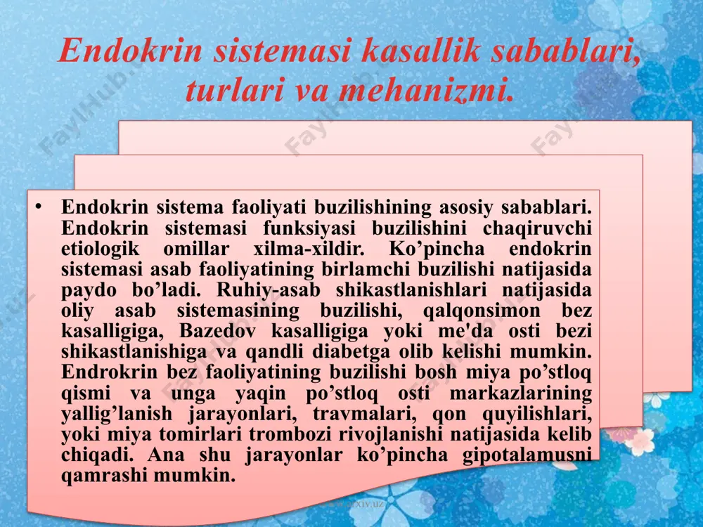 i bir guruh trop gormonlar, organlarning proporsional o’sishini ta'minlovchi follikulani rag’batlantiruvchi gormon (fsg) lyutinlovchi (sui ajralishini rag’batlantiruvchi), (lg), (aktg), (adrenokor-tikotrop) tireotrop gormon-ttg va bir qator boshqa gormonlar ishlab chiqariladi. neyrogipofizdan qonga ikki gormon-adg yoki vazopressin va oksitosin ajraladi. adg buyrak kanalchalarida suv reabsorbisiyasini kuchaytiradi, uning ortiqcha miqdori esa buyrak kalavachalari qon tomirlarini toraytiradi va ularda arterial bosimni orttiradi. oksitosin ayollar jinsiy sistemasi faoliyatida fiziologik jarayonlarni boshqaradi, homiladorlikdagi bachadonni qisqarish funksiyasini kuchaytiradi. www.arxiv.uz adenogipofiz giperfunksiyasi bilan kechuvchi kasalliklar bu kasalliklar biror gormon ishlanishining yoki bir guruh, hatto barcha trop gormonlar hosil bo’lishining ortib ketishi bilan ta'riflanadi. odatda bunday giperfunksiya ocsmalar o’sishi bilan, ko’pincha adenogipofiz adenomasi bilan bog’liq bo’ladi. agar bu vaqtda jinsiy gormonlar ko’p hosil bo’lsa, muddatidan oldin, ko’pincha 8—10 yoshlarda balog’atga yetish kuzatilib, u odatda jismoniy va ruhiy yetilmaslik bilan birgalikda ketadi. isenko-kushing kasalligida ko’plab miqdorda aktg ishlab chiqarilib, u buyrak usti bezlari po’stloq qismi gipefunksiyasiga olib keladi. ttg ni …
