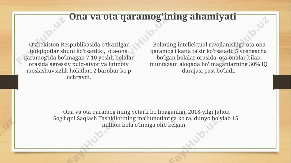 3 yoshgacha bo'lgan bolalarning miya rivojlanishiga 20% ga yaqin ta'sir ko'rsatadi, bu esa kelajakdagi kognitiv funksiyalarini va ijtimoiy moslashuvini aniqlaydi. samarqanddagi tadqiqotlar buni tasdiqlaydi. muloqotning sifatli bo'lishi, masalan, kuniga kamida 30 daqiqa faol suhbat, bolaning lug'at boyligini 25% ga oshiradi va maktabdagi o'qishga ijobiy ta'sir ko'rsatadi, toshkentdagi pedagogik universitetning ma'lumotlariga ko'ra. sog'lom munosabatlarning ahamiyati oilaviy munosabatlarning mustahkamligi, 10 yildan ortiq davom etgan tadqiqotlarga ko'ra, aqshda o'tkazilgan sotsiologik so'rovlarda o'smirlarning o'z-o'zini hurmat qilish darajasini 25% ga oshirishini ko'rsatdi. sog'lom munosabatlar, ya'ni ota-onalarning bolalarga bo'lgan mehr-muhabbati va qo'llab-quvvatlashi, masalan, samarqanddagi maktab o'quvchilarining o'qishga bo'lgan qiziqishini 15% ga oshirishga yordam beradi. sog'lom munosabatlar, bolaning intellektual rivojlanishiga ijobiy ta'sir ko'rsatib, 2-7 yosh oralig'ida lug'at boyligini 30% ga oshirishi va o'zbekiston kabi mamlakatlarda bolalar o'rtasida o'zaro hurmatni shakllantirishga yordam beradi. kelajak avlod uchun mas'uliyat o'zbekiston respublikasining 2022-yilgi demografik ko'rsatkichlariga ko'ra, 1000 kishiga 25 tug'ilish ko'rsatkichi qayd etilgan bo'lib, bu kelajak avlod uchun mas'uliyatni oshirishni talab …