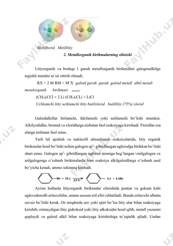 ini hosil qilmaydi. agarda kuchliroq reaksion sharoit talab etilsa, erituvchi sifatida tetragidrofurandan (tgf) foydalaniladi. mg ch2 = chcl ch2 =chmgcl vini lxlorid vinil magniy xlorid (92%) muammo: keltirilgan birikmalarni har biridan magniy bilan efir ishtiroki reaksiyasi natijasida hosil bo’lgan grinyar reagentini tuzilishini yozing. (a) p-bromftorbenzol (c) sikloyodbutan (b) allil xlorid (d) 1-bromsiklogeksen echim namunasi: (a) aromatik xalqada almashingan ikkita galogenlardan brom magniy bilan ftorga qaraganda tezroq birikadi. demak, ftor xalqaning chap tomonida o’zgarmagan holda qoladi, uglerod-brom bog’ esa uglerod magniy bog’iga aylanadi. p – bromftorbenzol magniy p- ftorfenilmagniybromid grinyar reaktivini hosil bo’lishi litiyorganik reagentlarga o’xshash bo’lib har bir magniy atomdagi ikkita elektrondan bittasi ajraladi. galoid alkil magniy anion radikali anion radikali alkil radikal xlorid ion alkilmagniy xlorid litiyorganik va organik birikmalar asosan aldegid va ketonlardan spirtlarni olinishida ko’p qo’llaniladi. ushbu reaksiyalarni muhokama qilishdan oldin, birinchi bo’lib metallorganik birikmalarni proton donorlari bilan reaksiyalarini ko’rib chiqamiz. agarda dietilefirga o’xshash erituvchilarda olinsa litiyorganik …