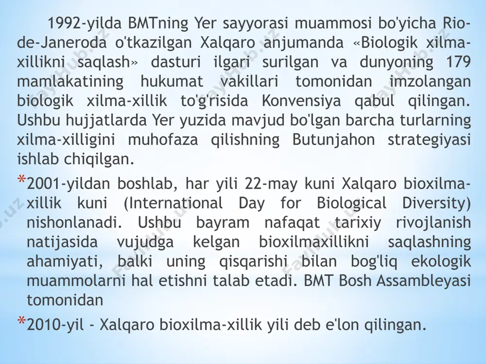 chiligi kamyob va muhofazaga muhtoj bo'lib qoldi. msop tashabbusiga ko'ra ilk bor 1966-yilda muhofaza qilinishi lozim bo'lgan turlarni o'z ichiga olgan xalqaro «qizil kitob» nashr etildi. birinchi marta o'zbekiston «qizil kitob»ining faunaga bag'ishlangan qismi 1983-yil nashrdan chiqdi. unga umurtqali hayvonlar (baliqlar, sudralib yuruvchilar, qushlar, sutemizuvchilar)ning 63 turi kiritilgan edi. 1984-yil o'simliklar olamiga bag'ishlangan nashriga 163 tur o'simlik kiritilgan. «qizil kitob» - davriy nashr hisoblanadi. unga kiritiladigan o'simlik va hayvon turlari tabiatni muhofaza qilish xalqaro ittifoqi taklif etgan tasnifga binoan 4 guruhga ajratiladi: 1) yo'qolgan yoki yo'qolish arafasida turgan (jiddiy muhofaza talab etuvchi) turlar; 2) yo'qolib borayotgan (areali va soni kun sayin kamayib borayotgan, maxsus muhofazaga muhtoj) turlar; 3) kamyob, bevosita yo'qolish xavfi bo'lmasa-da, kichik maydonlarda kamdan kam uchraydigan (muhofazaga muhtoj) turlar; 4) muayyan vaqt davomida soni va tarqalgan maydonlari tabiiy sabablarga ko'ra yoki inson ta'sirida qisqarib borayotgan (sonini nazorat qilib turish talab qilinadigan) turlar. «qizil kitob»ga kiritiladigan hayvon va o'simlik …