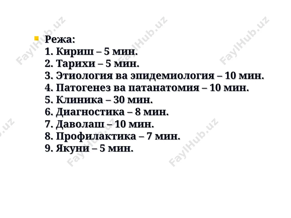 к – ҳам одам, ҳам ҳайвонларда касаллик қўзғатади 2) касаллик манбаи: бемор одам ва бактерия ташувчи 3) спорадик ҳолда учрайди 4) озиқ-овқат маҳсулотлари – ўтиш омили ҳисобланади 5) юқиш йўллари: алиментар – озиқ-овқат маҳсулотлари; контакт; сув 6) касалликдан соғайгандан сўнг, типоспецифик турғун иммунитет ҳосил бўлади 7) касаллик ҳамма ёшда учрайди: ёш болалар ва қарияларда оғирроқ ўтади. патогенези 1) сальмонеллаларнинг кириши 2) бирламчи-маҳаллий инфекция 3) бактеремия 4) токсинемия 5) аъзолар ва системалар шикастланиши 6) бузилган фаолиятларнинг тикланиши патогенези salmonella ичакда парчаланиши мнс ва вегетатив нерв система эндотоксин оит шиллиқ қавати симпатико-адренал системанинг стимуляцияси вазамоторларнинг генерализациялашган параличи гиперсекреция перистальтиканинг кучайиши қон томирлар тонуси ва ўтказувчанлигини ошиши, шиллиқ қавати шиши ва қон кетиш белгилари артериолаларнинг торайиши патогенези эндотоксин аденилатциклаза ц-амф синтези ҳужайра ичи ферментатив жараёнининг кучайиши сув ва электролитларнинг чиқиши эндотоксин – ошқозон ичак трактини шиллиқ қаватининг қон томир, нерв аппаратига таъсир қилади  вазомоторларнинг генерализациялашган параличини чақиради  қон томирлар тонусини пасайтиради …