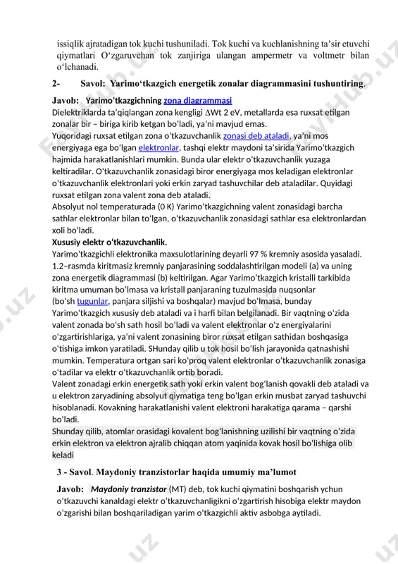 a o‘tkazuvchanlik zonasi deb ataladi, ya’ni mos energiyaga ega bo‘lgan elektronlar, tashqi elektr maydoni ta’sirida yarimo’tkazgich hajmida harakatlanishlari mumkin. bunda ular elektr o‘tkazuvchanlik yuzaga keltiradilar. o‘tkazuvchanlik zonasidagi biror energiyaga mos keladigan elektronlar o‘tkazuvchanlik elektronlari yoki erkin zaryad tashuvchilar deb ataladilar. quyidagi ruxsat etilgan zona valent zona deb ataladi. absolyut nol temperaturada (0 k) yarimo’tkazgichning valent zonasidagi barcha sathlar elektronlar bilan to‘lgan, o‘tkazuvchanlik zonasidagi sathlar esa elektronlardan xoli bo‘ladi. xususiy elektr o‘tkazuvchanlik. yarimo’tkazgichli elektronika maxsulotlarining deyarli 97 % kremniy asosida yasaladi. 1.2–rasmda kiritmasiz kremniy panjarasining soddalashtirilgan modeli (a) va uning zona energetik diagrammasi (b) keltirilgan. agar yarimo’tkazgich kristalli tarkibida kiritma umuman bo‘lmasa va kristall panjaraning tuzulmasida nuqsonlar (bo‘sh tugunlar, panjara siljishi va boshqalar) mavjud bo‘lmasa, bunday yarimo’tkazgich xususiy deb ataladi va i harfi bilan belgilanadi. bir vaqtning o‘zida valent zonada bo‘sh sath hosil bo‘ladi va valent elektronlar o‘z energiyalarini o‘zgartirishlariga, ya’ni valent zonasining biror ruxsat etilgan sathidan boshqasiga o‘tishiga imkon yaratiladi. …