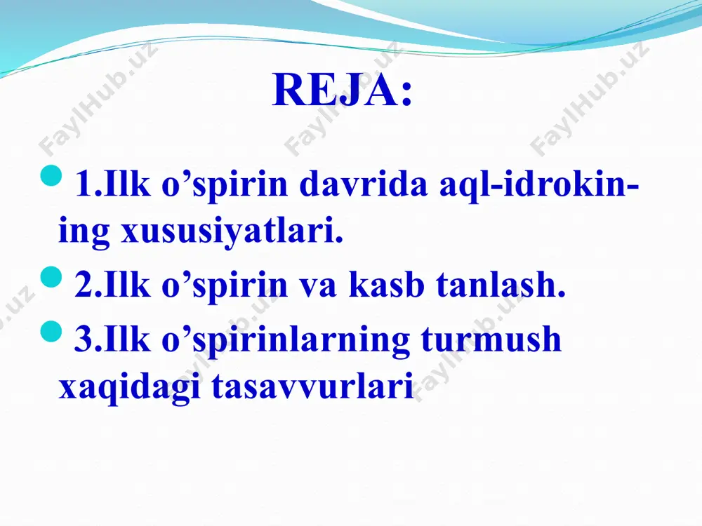 1. fanning dunyoqarashdagi roliga. 2. fanning bilishdagi ahamiyatiga. 3. fanning ijtimoiy ahamiyatiga. 4. fanning amaliy ahamiyatiga. 5. fanning o’zlashtirish darajasiga. 6. fanning o’zlashtirish uslubiyotiga. o’spirin o’quvchilarning o’quv fanlariga munosabatlari quyidagi xolatlarga bog’liqdir: xozirgi yigit va qizlarni 30-40 yil avvalgi tengqurlari bilan solishtirganda, ularning umumiy saviyalari naqadar o’sganligini ko’rish mumkin. intellektual qiziqishlar doirasi keng va ko’pqirralidir. o’spirinlar radio, televidenie, ilmiy-ommabop asarlar, kinofilmlar, fan va texnika taraqqiyotida muhim rol o’ynamokda. o’spirinlarning qiziqishlari aksariyat xollarda o’zi tanlagan kasb va yo’nalishi shuningdek, hayotiy rejalariga asoslangandir. o’spirinlik yoshiga kelib, yigit va qizlarning dunyoqarashlari yuksak pog’onaga ko’tarila boshlaydi. bu esa o’spirinning tashqi olamni tushunishiga, baholashiga bo’lgan munosabatlarini aniqlashga yordam beradi. bir odam bir necha xil kasblarni egallashi mumkin, lekin shu bilan birga har bir kasb shu qadar murakkabki, inson o’z hayotini, asosan, ana shu bir kasbga bag’ishlashi mumkin. shu asosda kasb tanlash muammosi vujudga keladi. aslida kasb tanlash barcha davrdan boshlab, bolalarning rolli o’yinlarida ko’rinadi. o’spirinlikda …