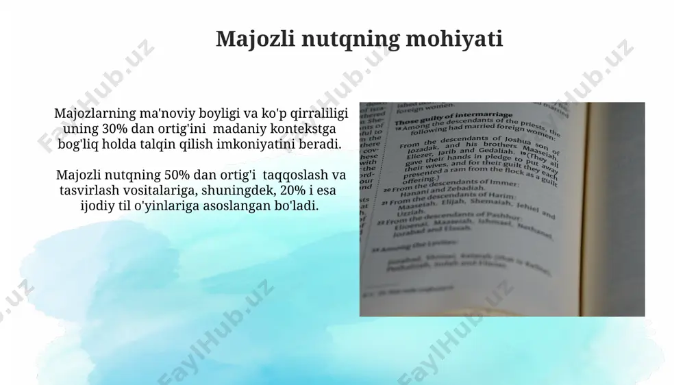 oq uy yangi qaror chiqardi" jumlasida "oq uy" aqsh hukumati uchun metonimiya sifatida ishlatilgan, ya'ni 1 ta ob'ekt boshqa ob'ektni ifodalaydi. giperbola: ta’rif va misollar giperbola, metafora va epitetlar kabi boshqa badiiy vositalar bilan birgalikda qo‘llanib, matnning ifodaviyligi va ta’sirchanligini 5-10 barobar kuchaytirishi mumkin. giperbola – bu badiiy adabiyotda, nutqda reallikni 2-3 marta yoki undan ham ortiq darajada orttirish yoki kamaytirish vositasidir. u ta’sirchanlikni oshirish uchun qo‘llaniladi. alegoriya: ta’rif va misollar allegoriyadan foydalanish nutq madaniyatini boyitadi, matnni 10 barobar qiziqarli va ta’sirchan qilib, muallifning mahoratini namoyish etadi va tinglovchilarni oʻylantiradi. allegoriya murakkab metafora boʻlib, 2 yoki undan ortiq ramziy obrazlar orqali yashirin ma’noni ifodalaydi, masalan, adolatni koʻr va tarozi bilan ifodalash. personifikatsiya: ta’rif va misollar personifikatsiya jonsiz narsalarning insoniy xususiyatlarga ega boʻlishi, 2 ta asosiy turga boʻlinadi: toʻgʻridan-toʻgʻri va bilvosita, obrazlilikni kuchaytirishga xizmat qiladi. personifikatsiya yordamida 3 ta asosiy effektga erishiladi: obrazlilikni oshirish, taʼsirchanlikni kuchaytirish va matnning tushunarliligini yaxshilash. litotes: …