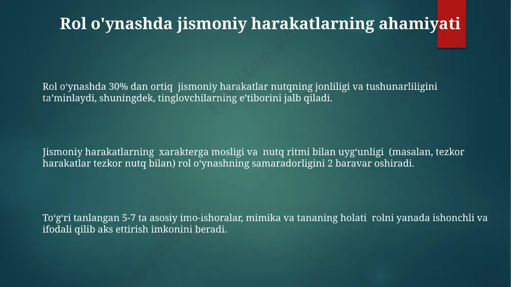 ib, o'z-o'zini tahlil qilishni amalga oshirishlari kerak. nutqdagi intonatsiya, pauza va temp kabi parametrlarni o'lchovchi audio-vizual tahlil vositalaridan foydalanib, 20% gacha xatolarni aniqlash va tuzatish mumkin. xatolar ustida ishlashda, 5-10 ta eng keng tarqalgan nutq xatosini aniqlash va ularni to'g'rilash bo'yicha mashqlarni muntazam bajarish samarali natijalar beradi. tomoshabinlar bilan o'zaro munosabat skitlarni 2-3 daqiqaga qisqartirish va undan keyin 10-15 soniyali interaktiv savollar berish, tomoshabinlarning fikrlarini tezroq bilish imkonini beradi. tomoshabinlarning faol ishtirokini ta’minlash uchun 3-5 ta oddiy savollar berish, ularning fikrlarini bilish va muhokama qilish jarayoniga jalb etish samarali. rollarni almashtirish orqali tomoshabinlarning 70% dan ortig’ini o’zaro munosabatga jalb qilish mumkin, bu drama terapiyasi elementlarini qo’llash orqali amalga oshiriladi. rol o'ynashning ijobiy va salbiy tomonlari rollarni taqsimlash va sahnalashtirish, ijodiy fikrlashni 30% ga rivojlantiradi, lekin vaqt cheklovlari tufayli ba'zi muhim tafsilotlar e'tibordan chetda qolishi mumkin. muvaffaqiyatli rol oʻynash ijtimoiy va nutq koʻnikmalarini yaxshilashga yordam beradi, ammo rejalashtirishning yetishmasligi tufayli 15% …