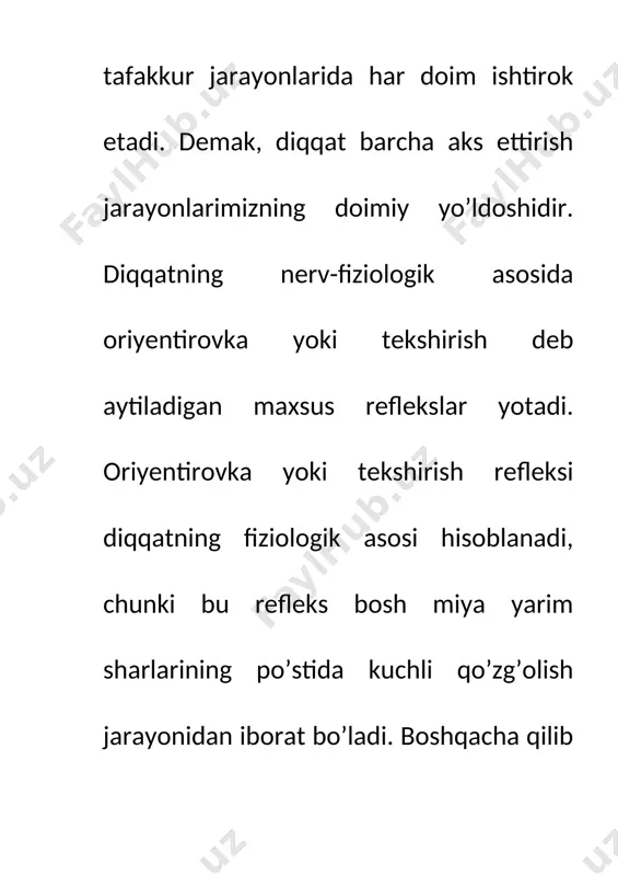 n. f. dobrinin, a. n. leontev, p. ya. galperinlarning fikricha, organizmning qidiruv sharakatlari, orientirovka faoliyati ikki qismdan iboratdir. 1. diqqat qaratilgan tashqi ifodaga ega bo’lgan ob'ektni sezish, idrok qilish. shu yerda qarama-qarshilik vujudga keladi: chunki ob'ektning yo’qolishi bilan diqqat sham o’z funksiyasini tugatadi. a. n. leontev muloshazasiga ko’ra, bu orientir faoliyati emas, chunki ob'ektning paydo bo’lishi bilan diqqat sham namoyon bo’ladi, ob'ekt yo’q bo’lsa, demak diqqat sham bo’lmaydi, deb ta'kidlaydi. p. ya. galperin esa, ob'ektning paydo bo’lishi bilan diqqat yuzaga keladi. ob'ekt yo’qolganidan keyin esa psixik qism bo’lgan tekshirish, nazorat qilish jarayoni boshlanadi. demak, diqqat ongning bir ob'ektga yo’naltirilishi va ongli sholatni nazorat qiluvchi jarayondan iboratdir. psixologiyada diqqatning "yo’naltirilishi" deganda, psixik faoliyatning tanlovchanligi va ixtiyoriy shamda ixtiyorsizligi tushuniladi. bu tog’rida muloshazalar boshqa sashifalarda davom ettiriladi. 20-yillarda bir qancha psixologlar diqqat muammosini ustanovka bilan boqlab tushuntirdilar. buning yaqqol isboti k. n. kornilov tashriri ostida 1926 yilda chop qilingan psixologiya darsligidagi bir …