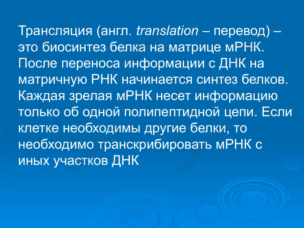 вместе с мрнк перемещаются закрепленные на ней трнк, то инициирующая первая трнк выходит из рибосомы, вторая трнк с дипептидом помещается в п-центр второе повторение цикла – начинается с присоединения третьей аминоацил-трнк к третьему кодону мрнк, аминокислота-3 становится в а-центр. далее трансферазная реакции повторяется и образуется трипептид, занимающий а-центр, после чего он смещается в п-центр в транслоказной реакции. терминация синтез белка продолжается до тех пор, пока рибосома не достигнет на мрнк особых терминирующих кодонов – стоп-кодонов уаа, уаг, уга. данные триплеты не кодируют ни одной из аминокислот, их также называют нонсенс-кодоны: уаа, уаг, уга при вхождении этих кодонов внутрь рибосомы происходит активация белковых факторов терминации, которые последовательно катализируют: гидролитическое отщепление полипептида от конечной трнк. отделение от п-центра последней, уже пустой, трнк. диссоциацию рибосомы. источником энергии для завершения трансляции является гтф. регуляция биосинтеза белка ингибиторы биосинтеза белков оқсил биосинтези ингибиторлари кўп сонли бирикмалардан иборат (дори воситалари). группа препаратов место действия механизм действия …
