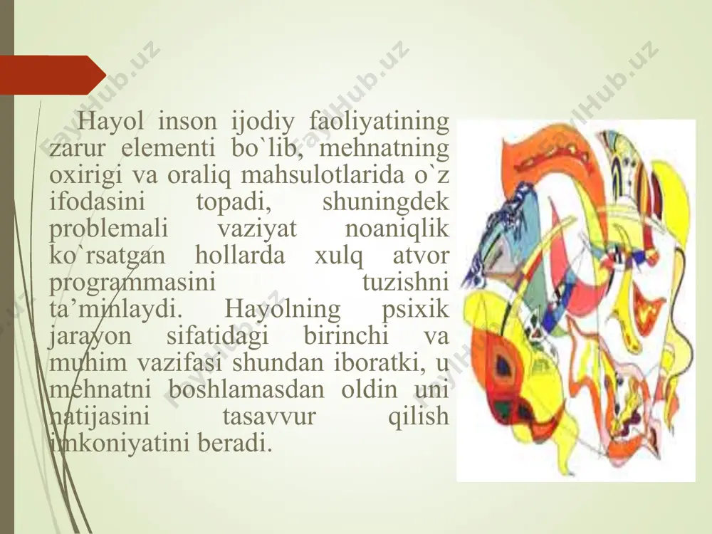 obrazlarini yaratishning yana bir yo’li narsalarning qandaydir sifatlarini, belgilariga urg’u berish, ularga diqqatni turli yo’llar bilan jalb qilishdir. bu usullar ayniqsa satirik jurnallarda ko’p qo’llaniladi. bu usul bilan o’rtoqlik hazillari va turli karikaturalar yaratiladi. sxematizasiya (sxemalashtirish) - biror mavjud narsadan andoza olib, shu andoza asosida obrazlar yaratish. masalan rassomlar turli o’simliklarning obrazi asosida naqshlar yaratadilar. yangi xayol obrazlarini yaratishning yana bir usuli, tipiklashtirish. tipiklashtirishdan badiiy adabiyotda keng qo’llaniladi. bu usul yordamida biror hodisaga, kishilar toifalariga, davrga xos yoki ularda ko’p takrorlanuvchi belgilar ma’lum obrazlarda gavdalantiriladi. e’tiboringiz uchun rahmat 22675642
