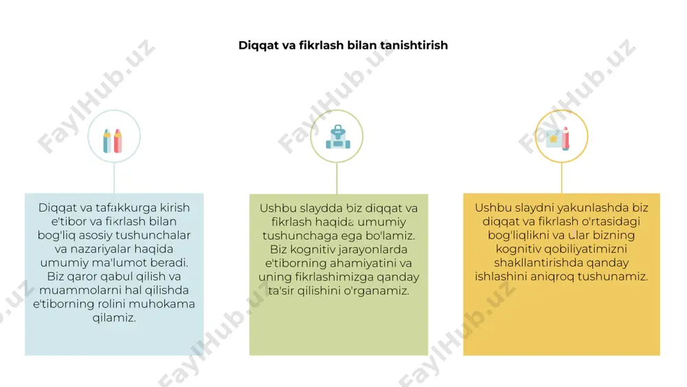 va tushunish qobiliyatimizni shakllantiradi. diqqatning turlari: tanlab, barqaror, bo'lingan diqqat - bu bizning atrof-muhitimiz yoki fikrlarimizning o'ziga xos jihatlariga tanlab diqqatni jamlashga imkon beradigan kognitiv jarayon. tanlangan e'tibor bizga ma'lumotni samarali qayta ishlashga imkon berib, boshqalarni e'tiborsiz qoldirib, bitta rag'batga e'tibor berishga imkon beradi. barqaror diqqat uzoq vaqt davomida diqqatni jamlash va diqqatni jamlash qobiliyatini anglatadi. ushbu turdagi e'tibor uzoq vaqt davom etadigan aqliy kuch talab qiladigan vazifalar uchun juda muhimdir va chalg'itadigan narsalar bizning ishlashimizga xalaqit berishiga yo'l qo'ymaydi. diqqatning bo'linishi bir vaqtning o'zida bir nechta vazifalar yoki ogohlantirishlarga diqqatni jamlash qobiliyatini o'z ichiga oladi. bu bizga kognitiv resurslarimizni turli xil stimullarga ajratishga imkon beradi, bu ko'p vazifalarni bajarish va e'tiborimizni turli harakatlar o'rtasida almashtirish imkonini beradi. 1 2 3 diqqatni nazorat qilish va moslashuvchanlik diqqat va fikrlash yonma-yon boradi, diqqatni nazorat qilish asosiy jihatdir. bu diqqatni jamlash va muayyan vazifa yoki rag'batga qaratish qobiliyatini o'z ichiga oladi. bundan …